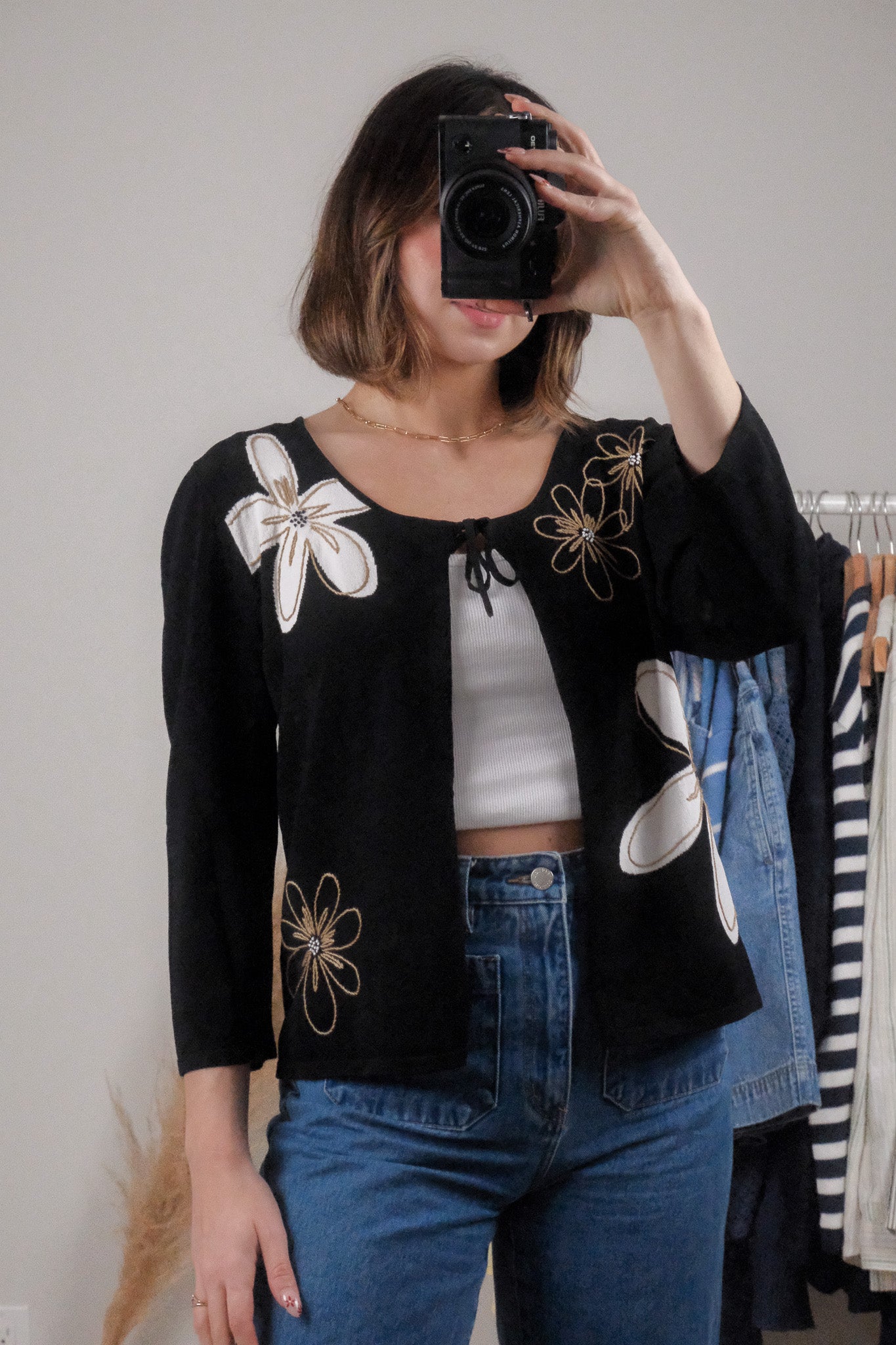 Vintage x Beaded Tie Flower Cardigan (L)