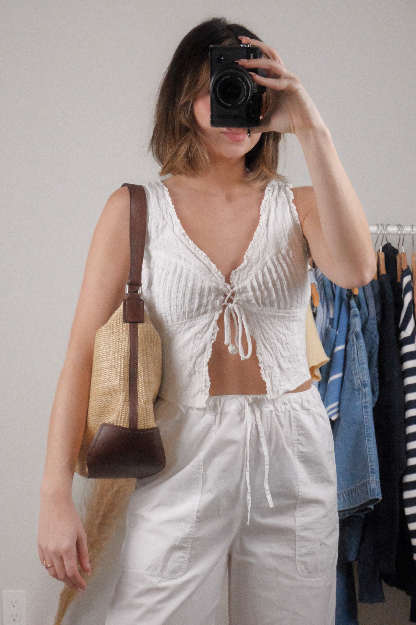 Vintage x Leather Trim Woven Shoulder Bag
