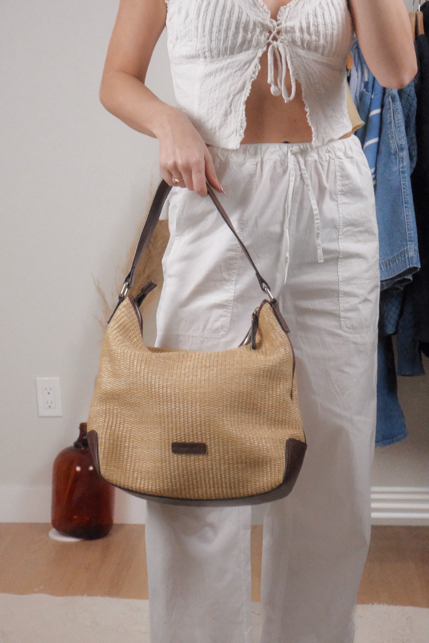 Vintage x Leather Trim Woven Shoulder Bag