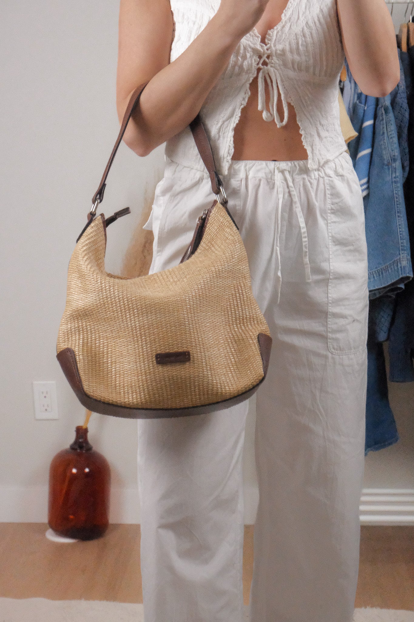 Vintage x Leather Trim Woven Shoulder Bag