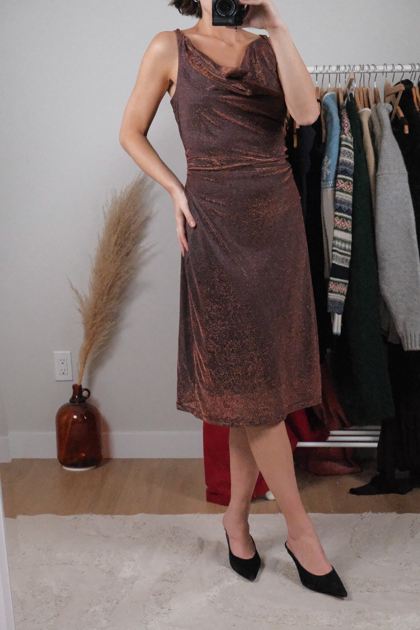 Made in Canada x Vintage x Shimmer Cowl Neck Midi Dress (L)