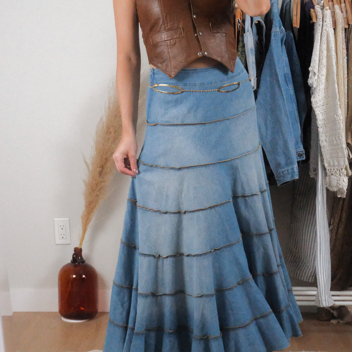 Vintage x Denim Tiered Fade Detail Maxi Skirt (S)