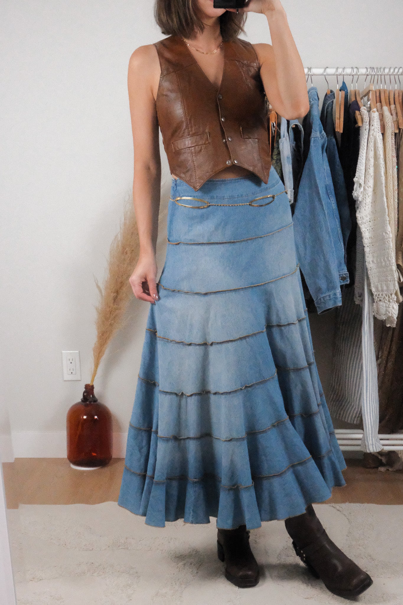 Vintage x Denim Tiered Fade Detail Maxi Skirt (S)