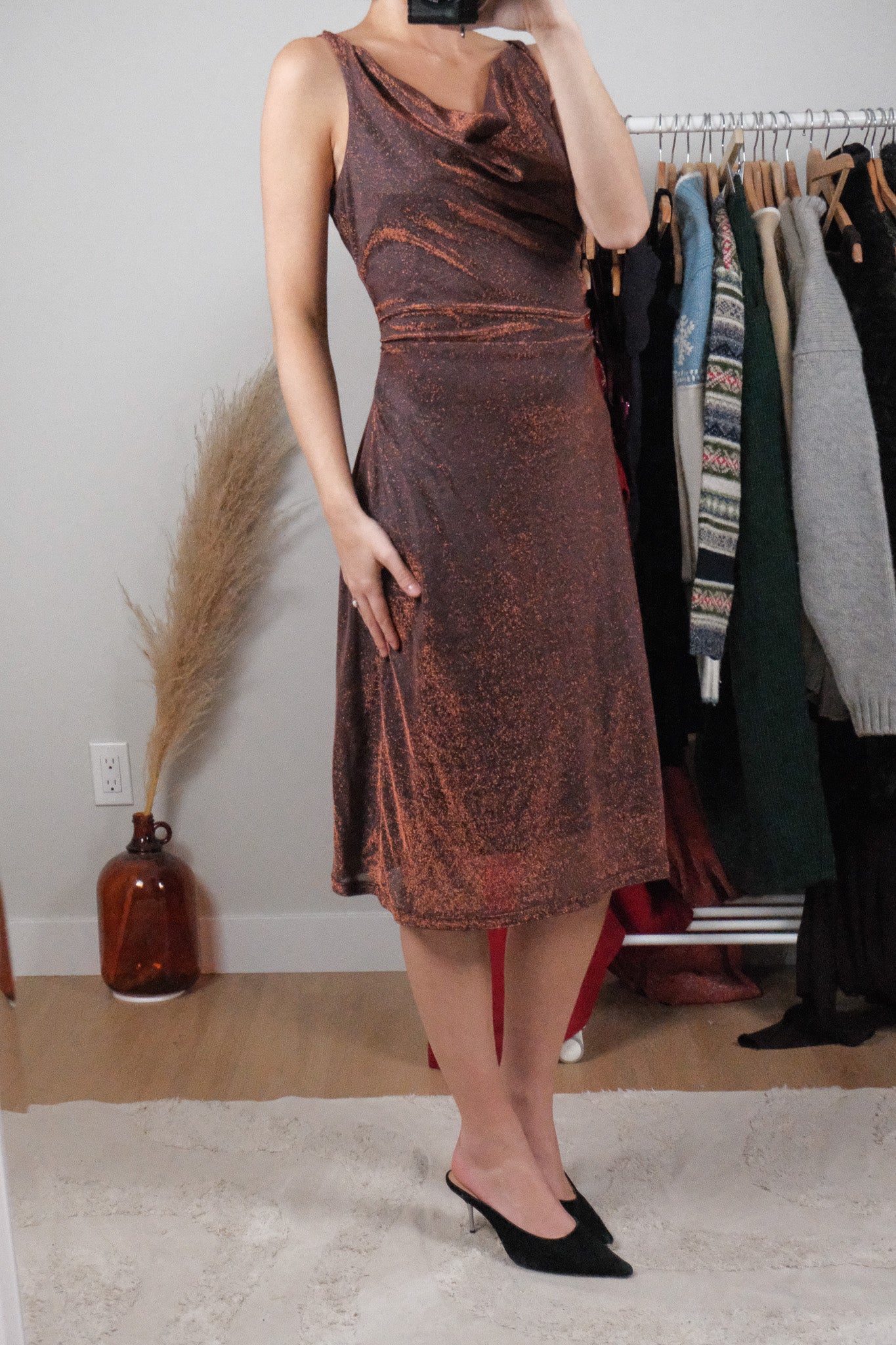 Made in Canada x Vintage x Shimmer Cowl Neck Midi Dress (L)
