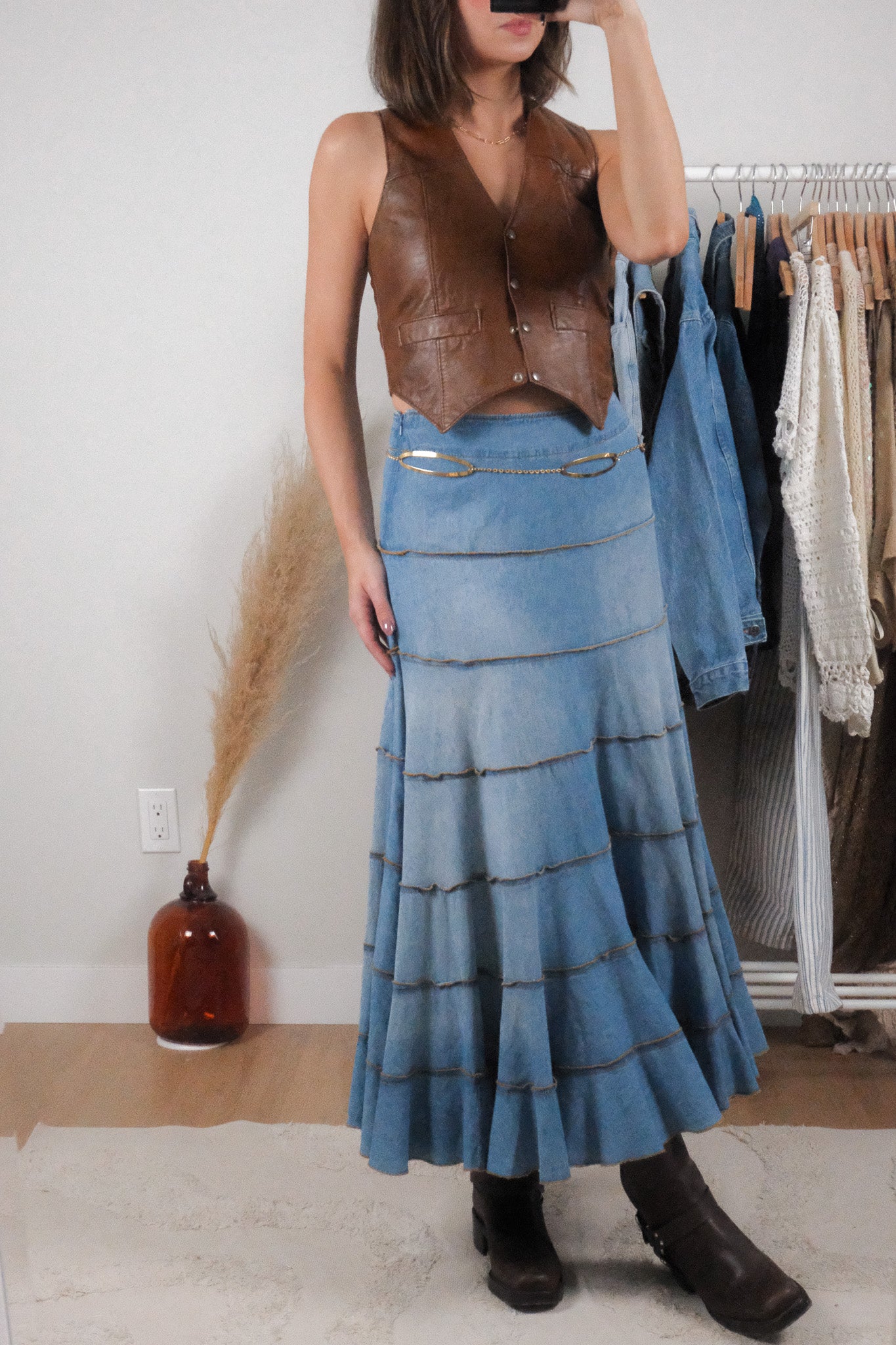 Vintage x Denim Tiered Fade Detail Maxi Skirt (S)
