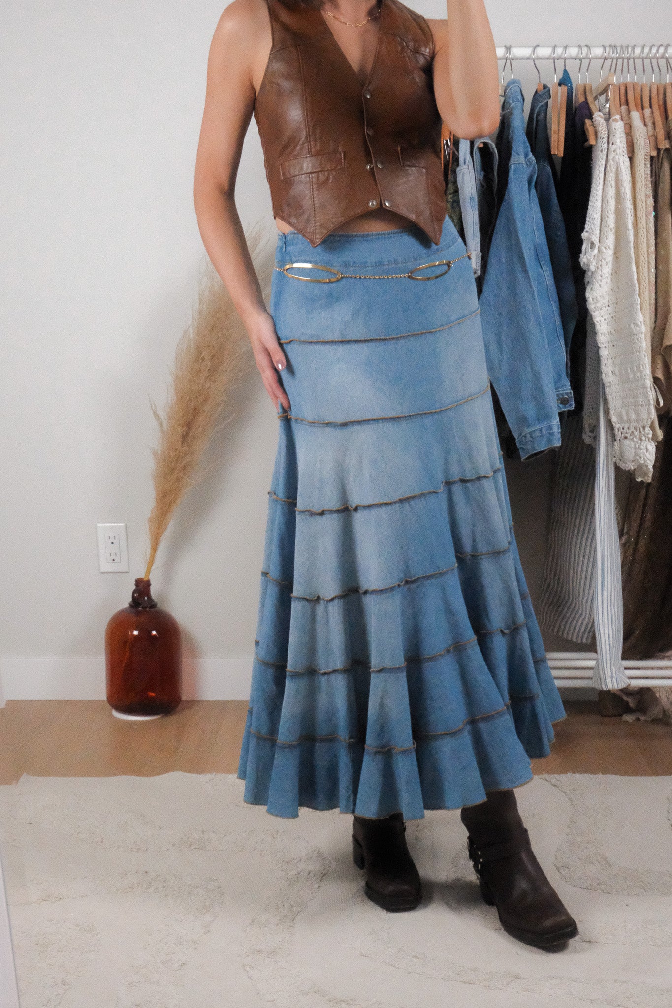 Vintage x Denim Tiered Fade Detail Maxi Skirt (S)