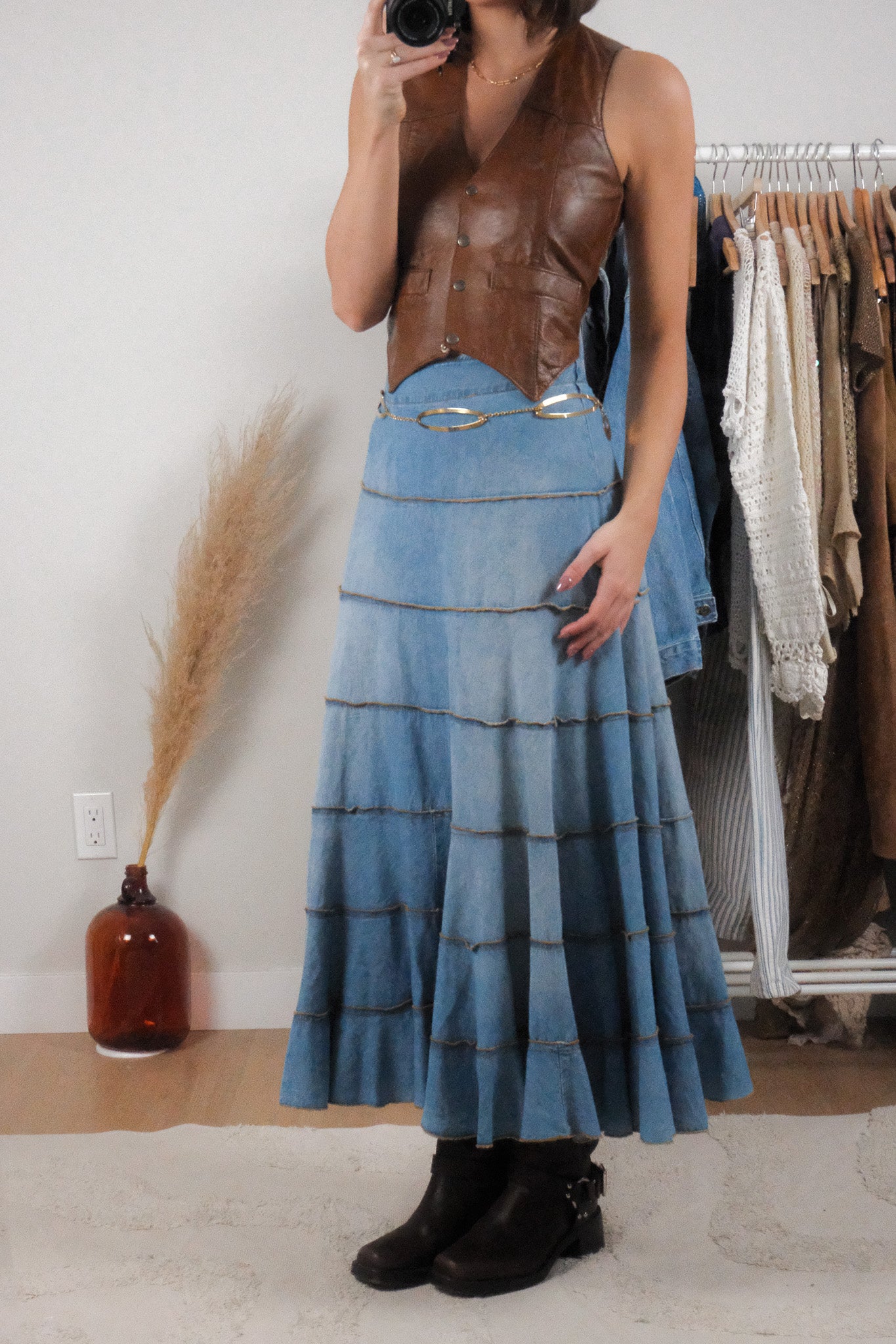 Vintage x Denim Tiered Fade Detail Maxi Skirt (S)