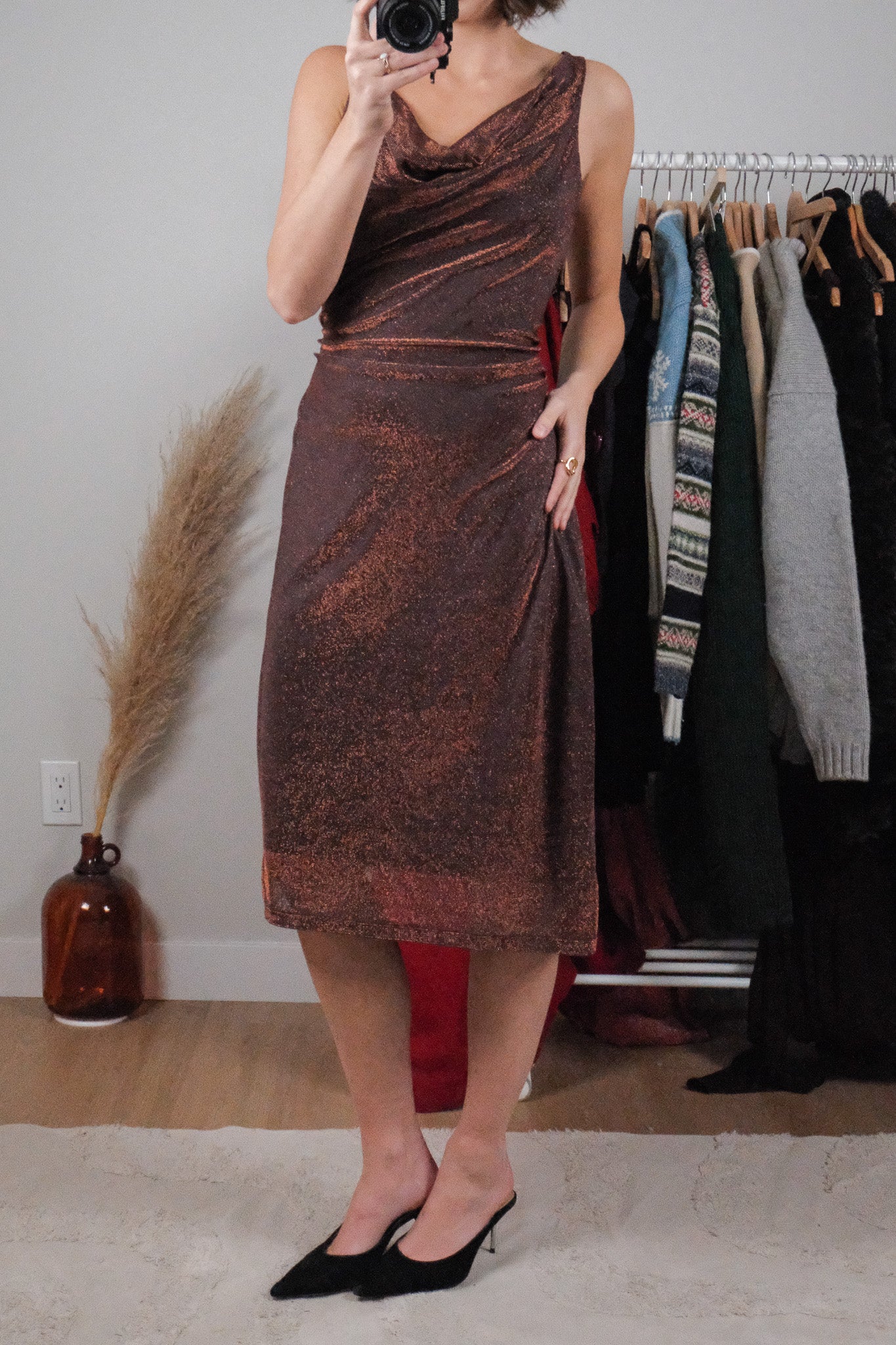 Made in Canada x Vintage x Shimmer Cowl Neck Midi Dress (L)