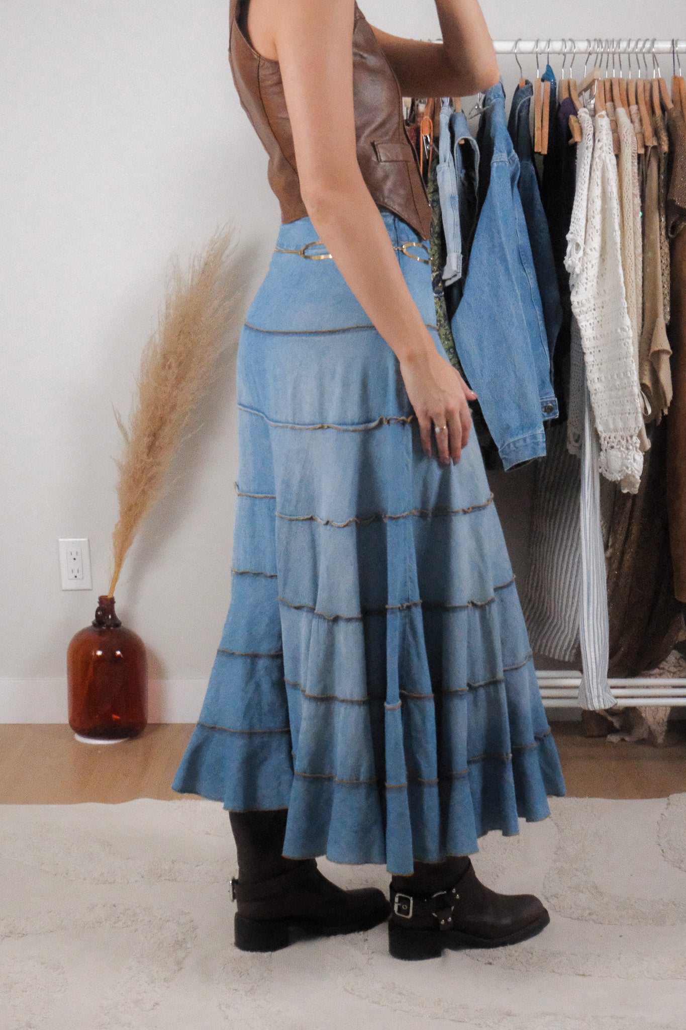 Vintage x Denim Tiered Fade Detail Maxi Skirt (S)