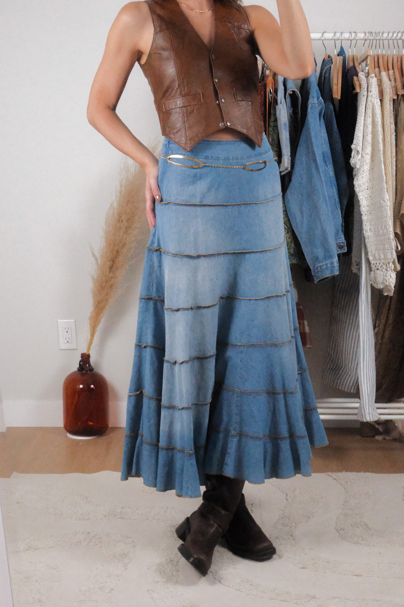 Vintage x Denim Tiered Fade Detail Maxi Skirt (S)