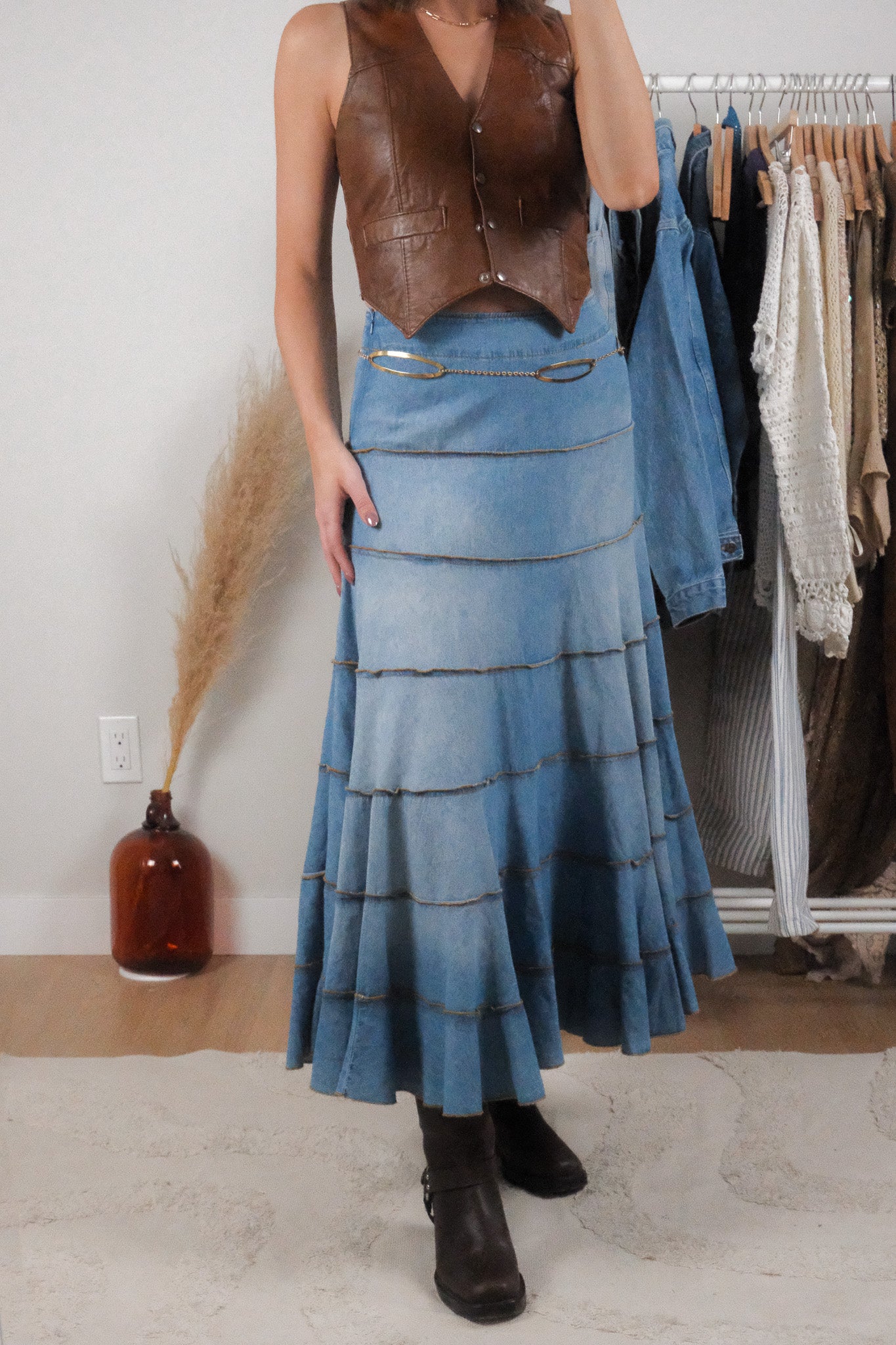 Vintage x Denim Tiered Fade Detail Maxi Skirt (S)