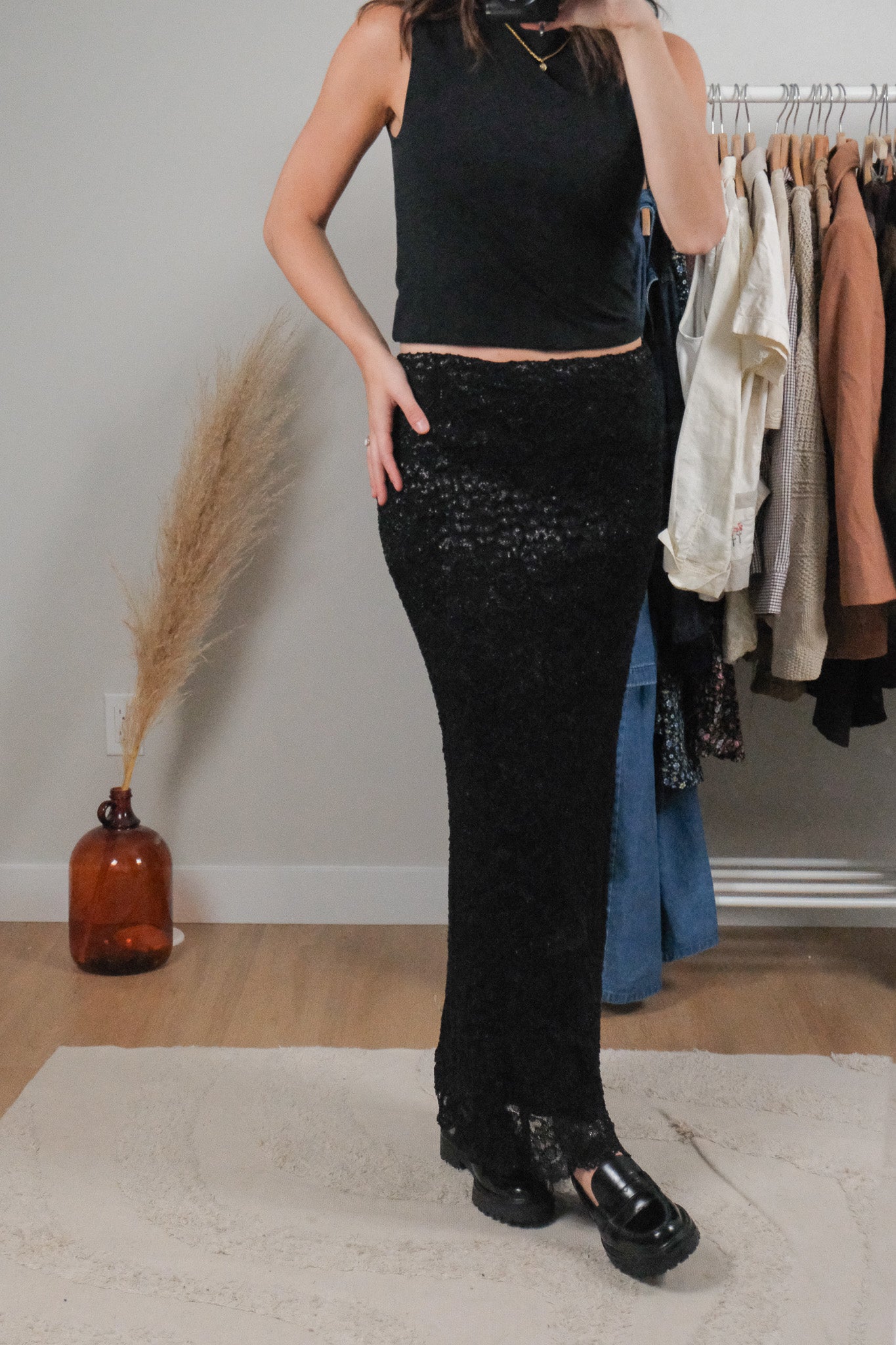 Made in Canada x Vintage x Lace Shimmer Maxi Skirt (S)