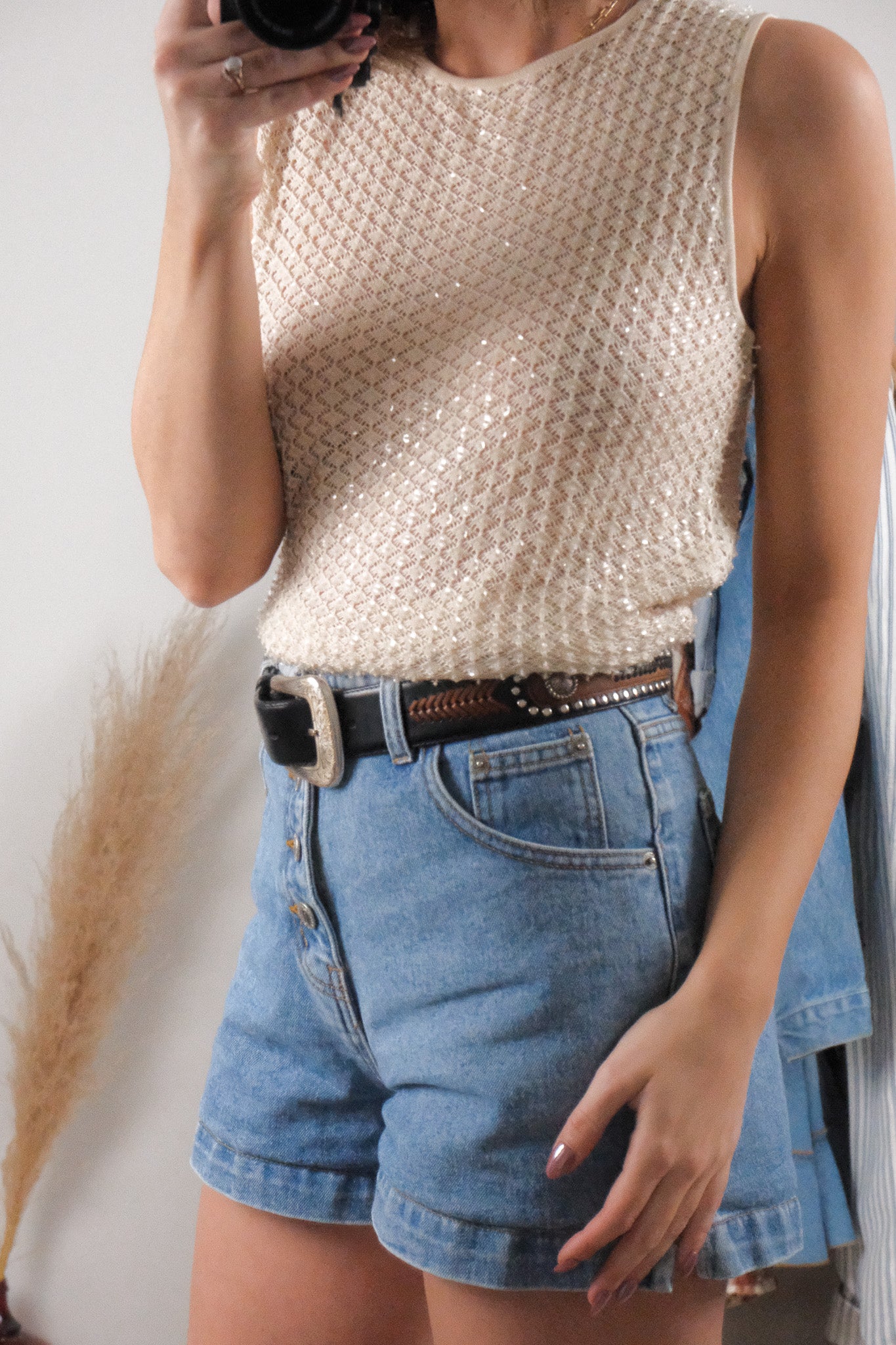 Vintage x Leather Textured Studded Belt (S/M)