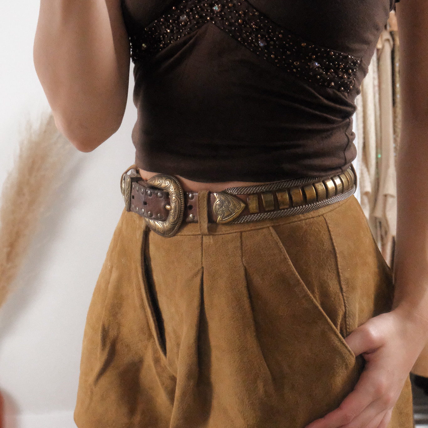 Vintage x Leather/Brass Chunky Belt (XS/S)