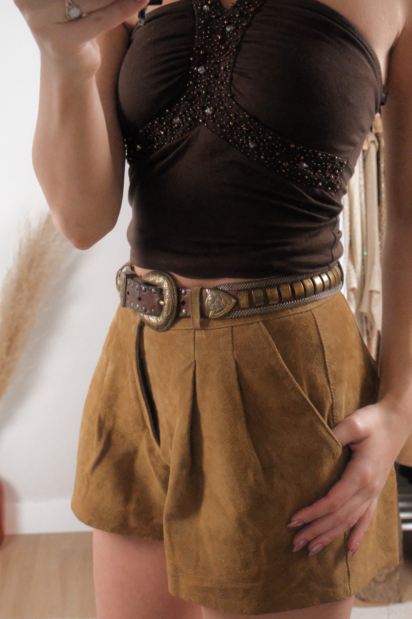 Vintage x Leather/Brass Chunky Belt (XS/S)