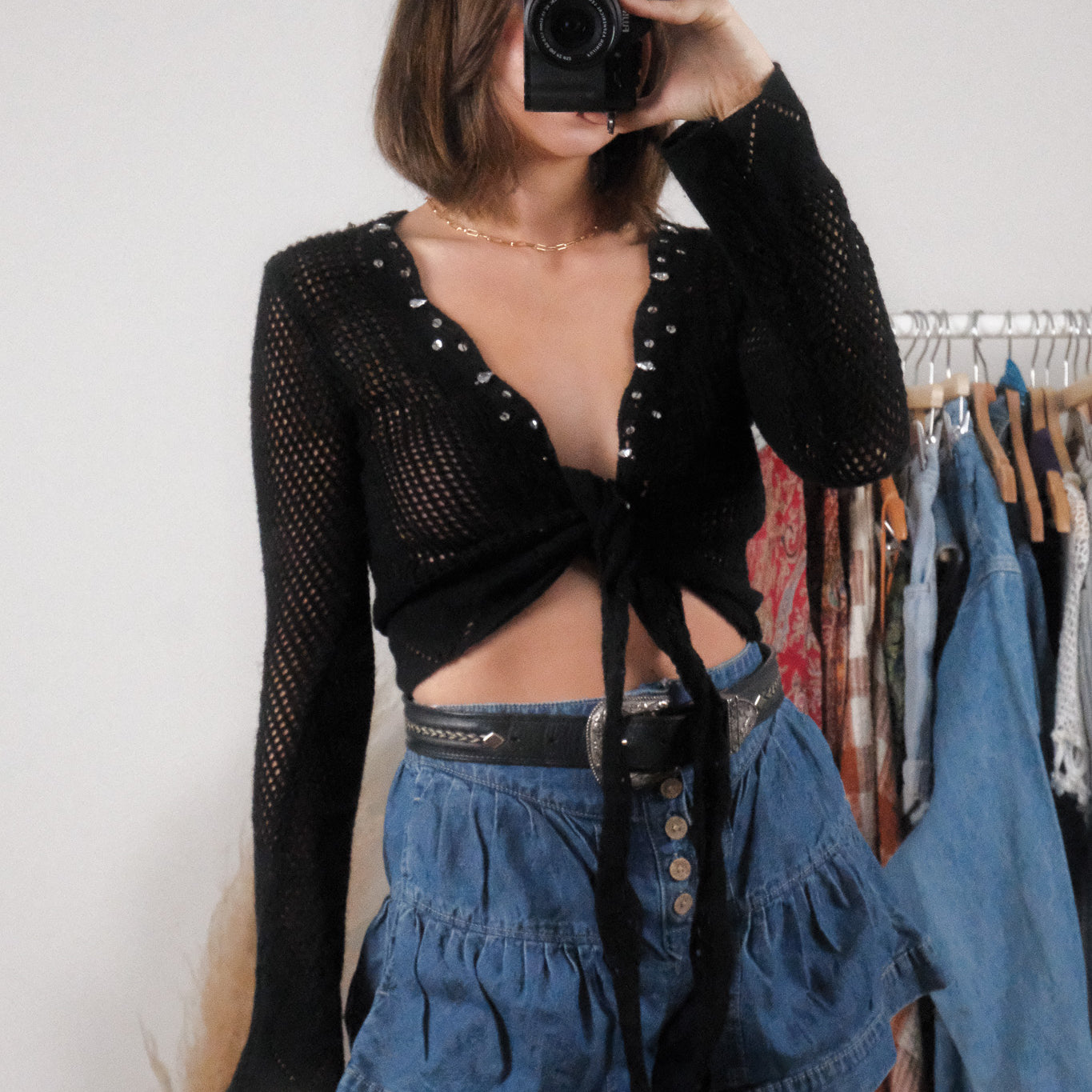 Vintage x Wool Blend Sequin Knit Tie Top (S)