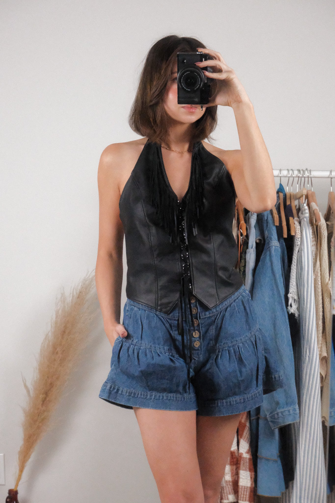 Made in USA x Vintage x Halter Leather Beaded Fringe Vest (M)