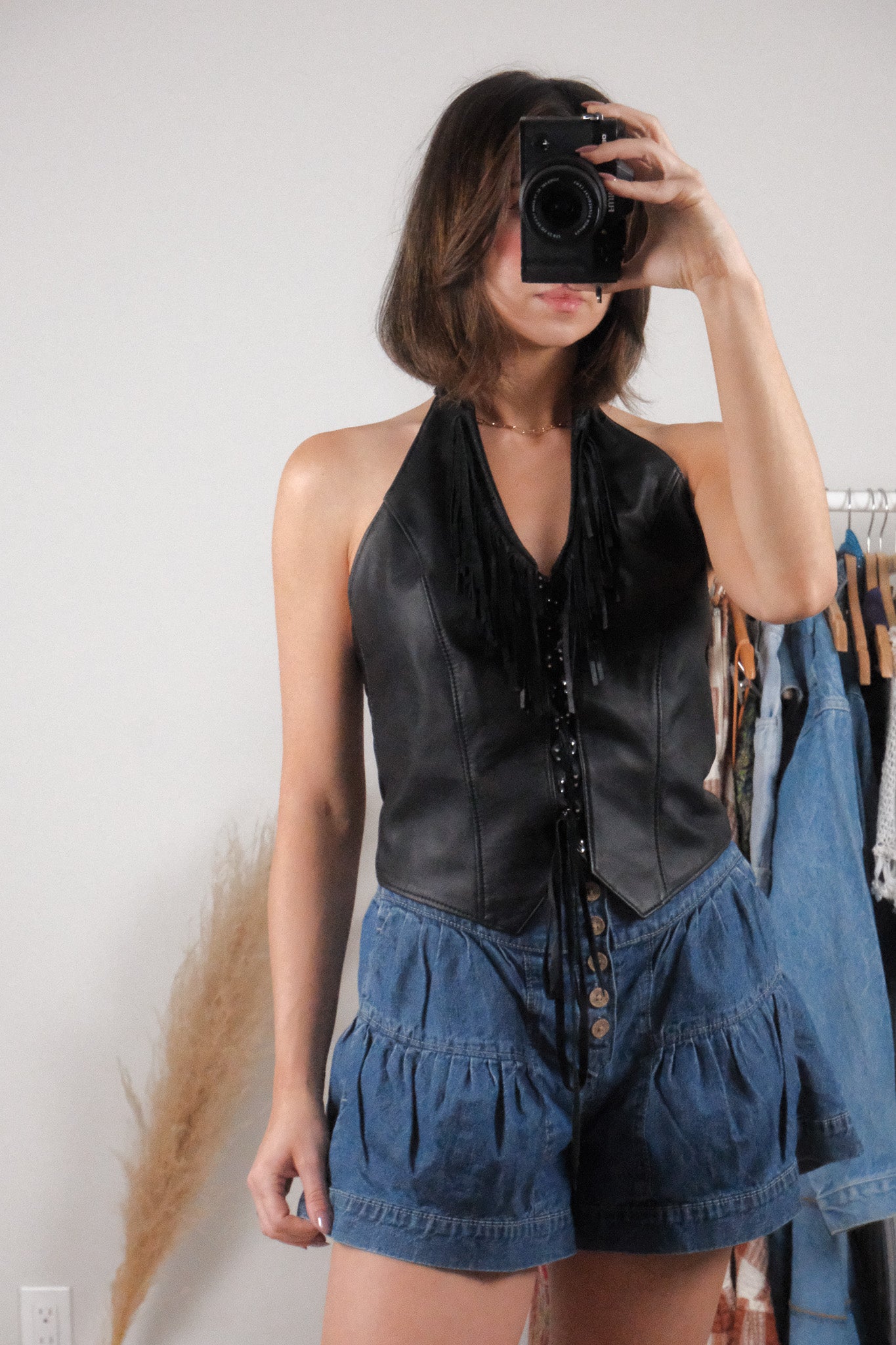 Made in USA x Vintage x Halter Leather Beaded Fringe Vest (M)