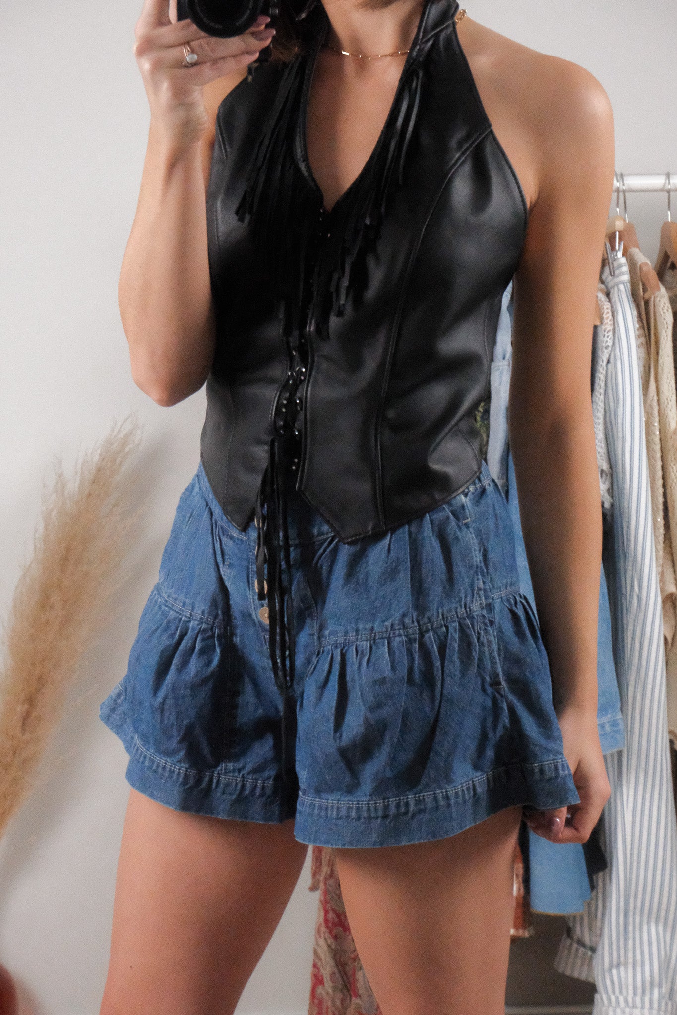 Made in USA x Vintage x Halter Leather Beaded Fringe Vest (M)