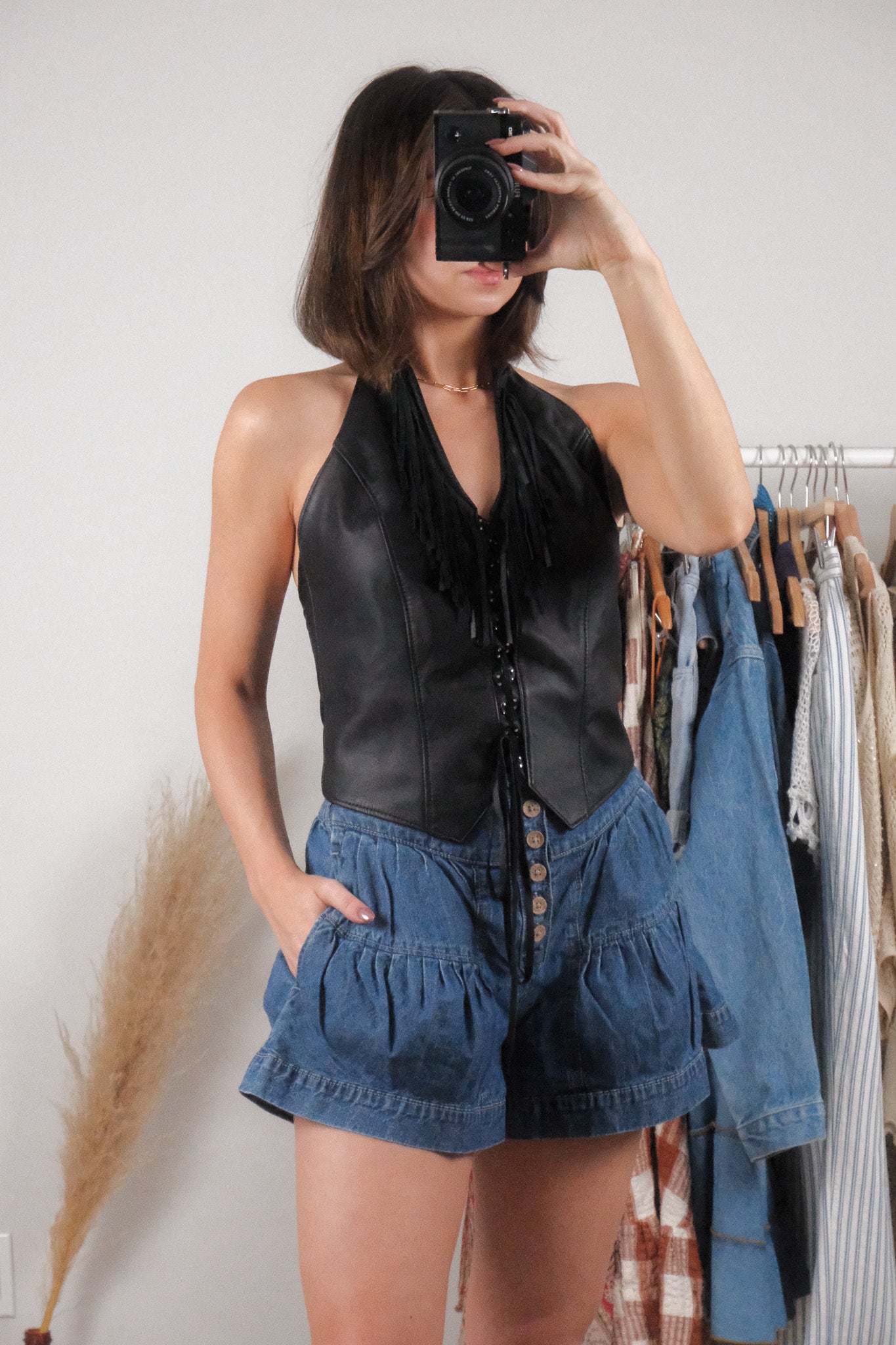 Made in USA x Vintage x Halter Leather Beaded Fringe Vest (M)