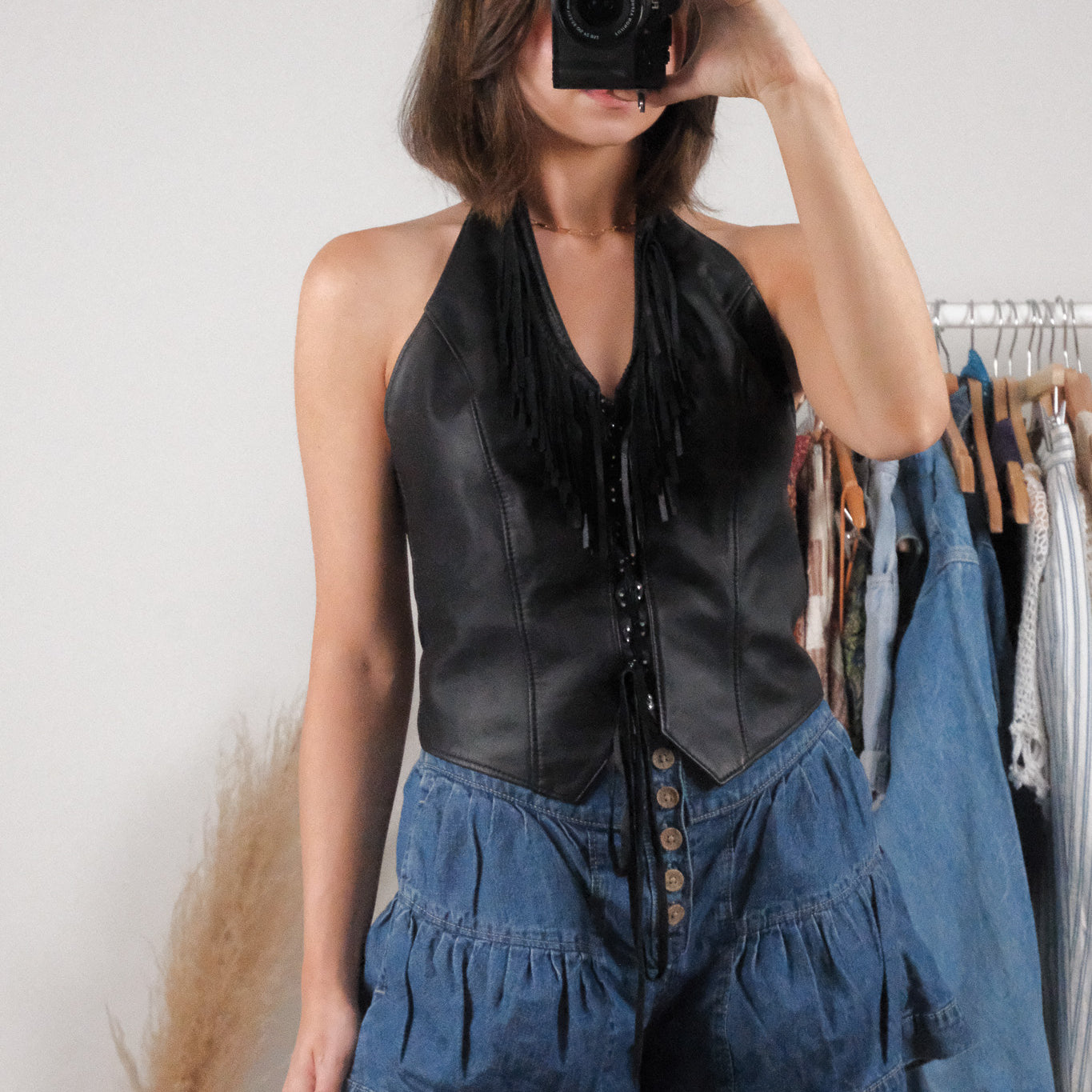 Made in USA x Vintage x Halter Leather Beaded Fringe Vest (M)