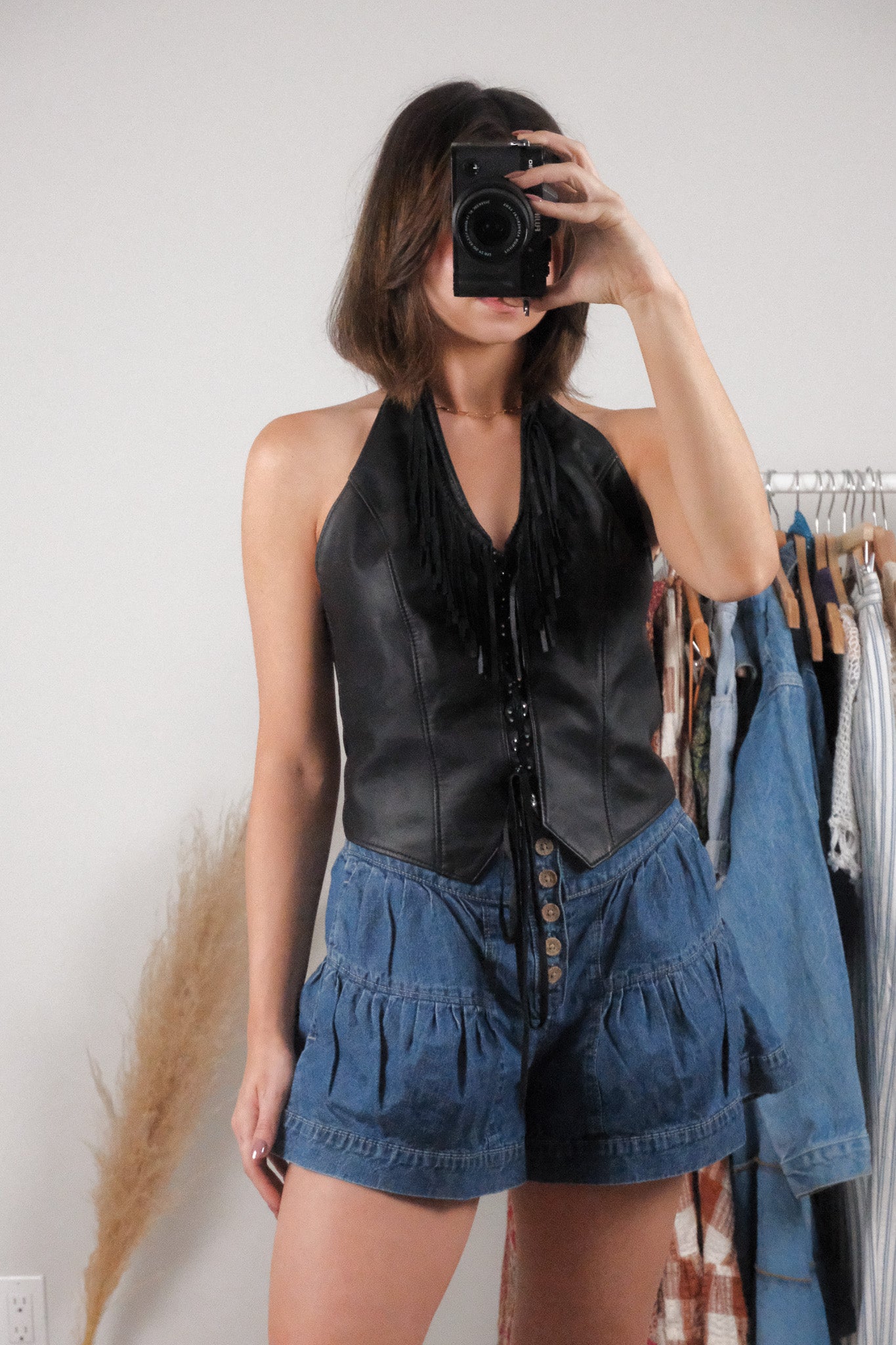Made in USA x Vintage x Halter Leather Beaded Fringe Vest (M)