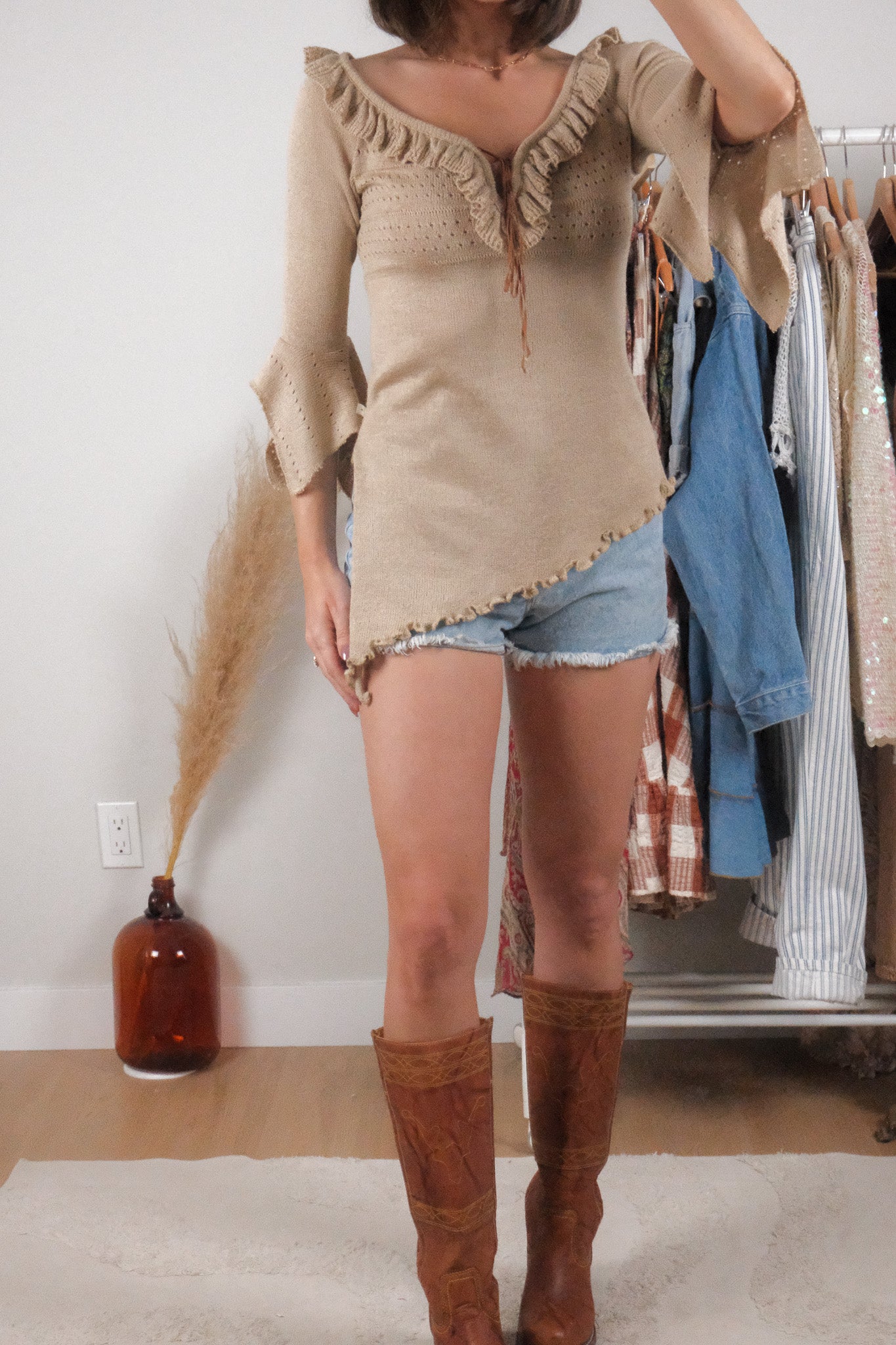 Vintage x Asymmetrical Ruffle Knit Top (S)
