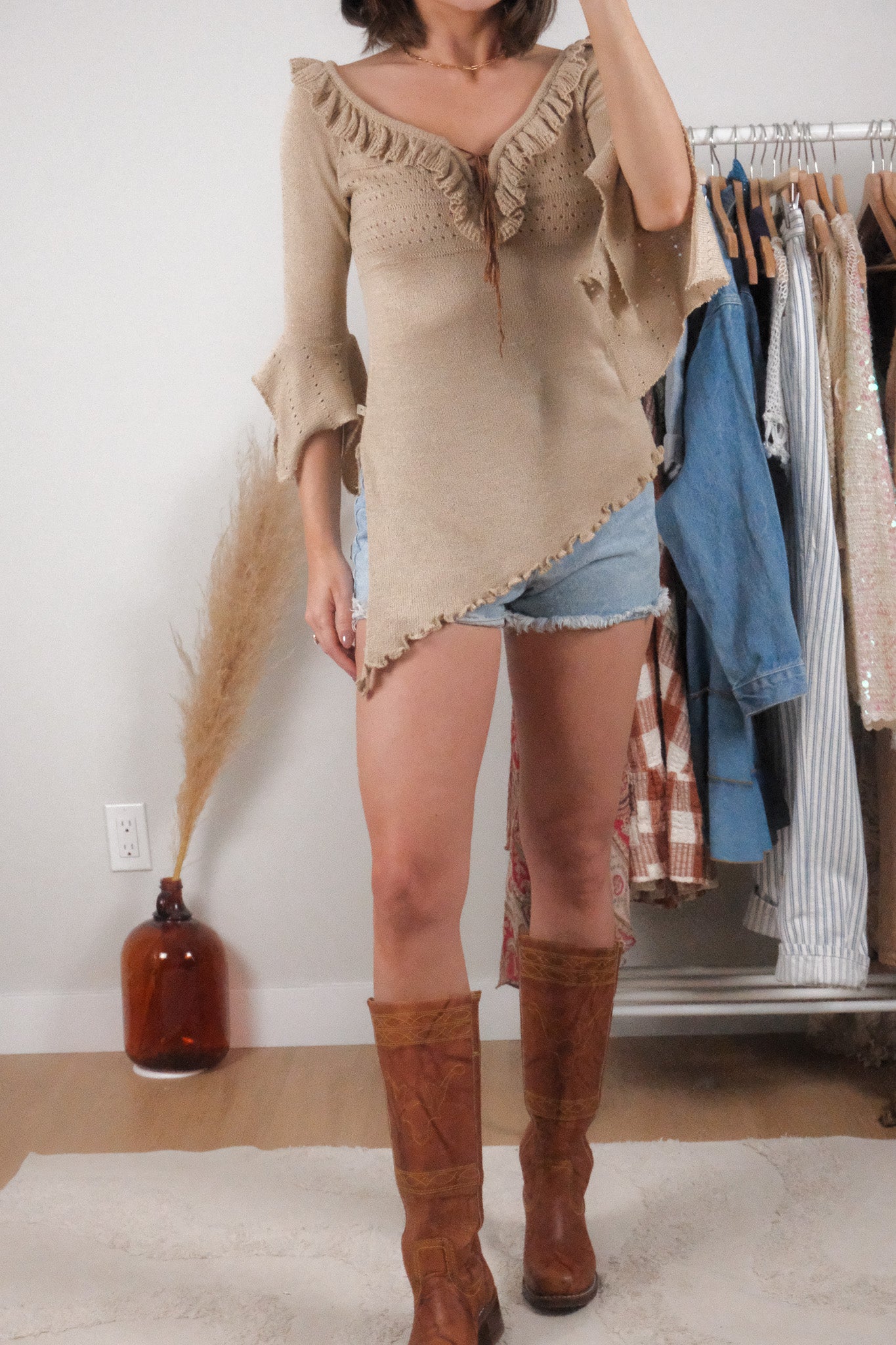 Vintage x Asymmetrical Ruffle Knit Top (S)
