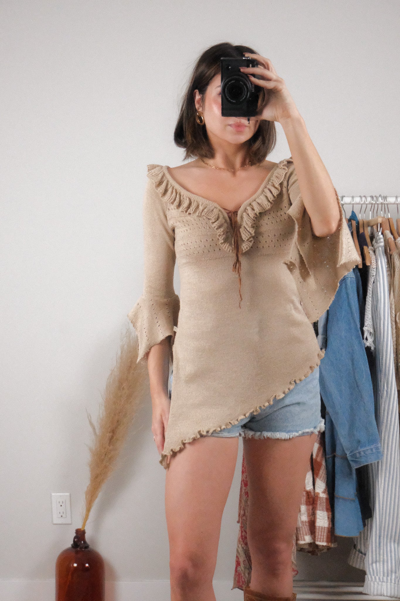 Vintage x Asymmetrical Ruffle Knit Top (S)