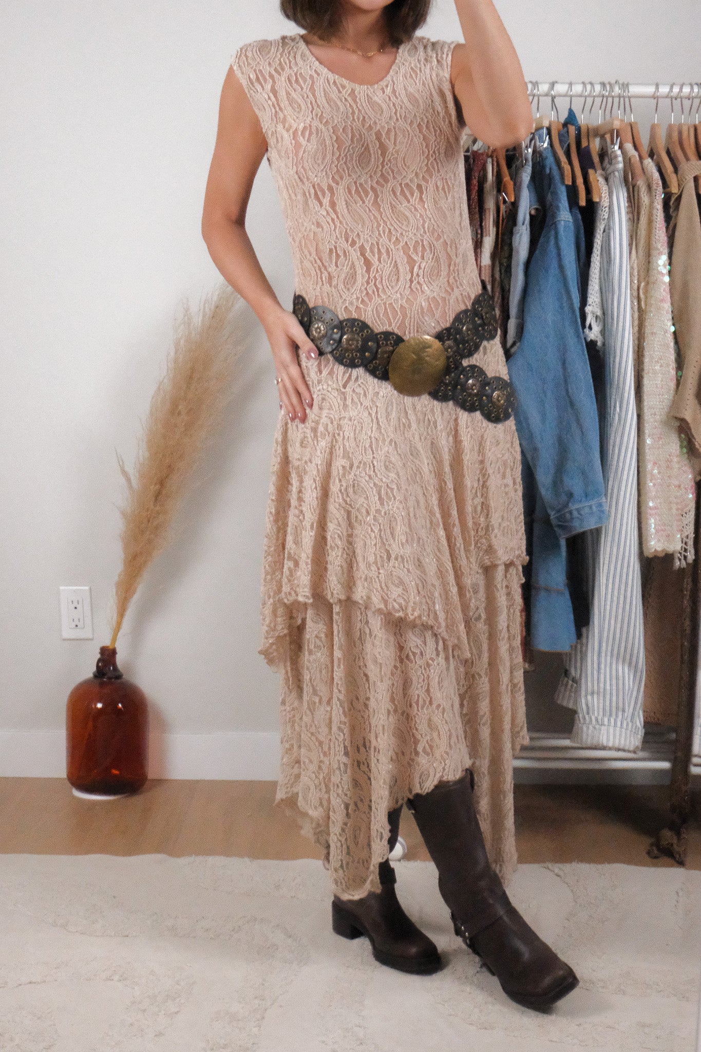 Made in USA x Vintage x Lace Ruffle Maxi Dress (S)
