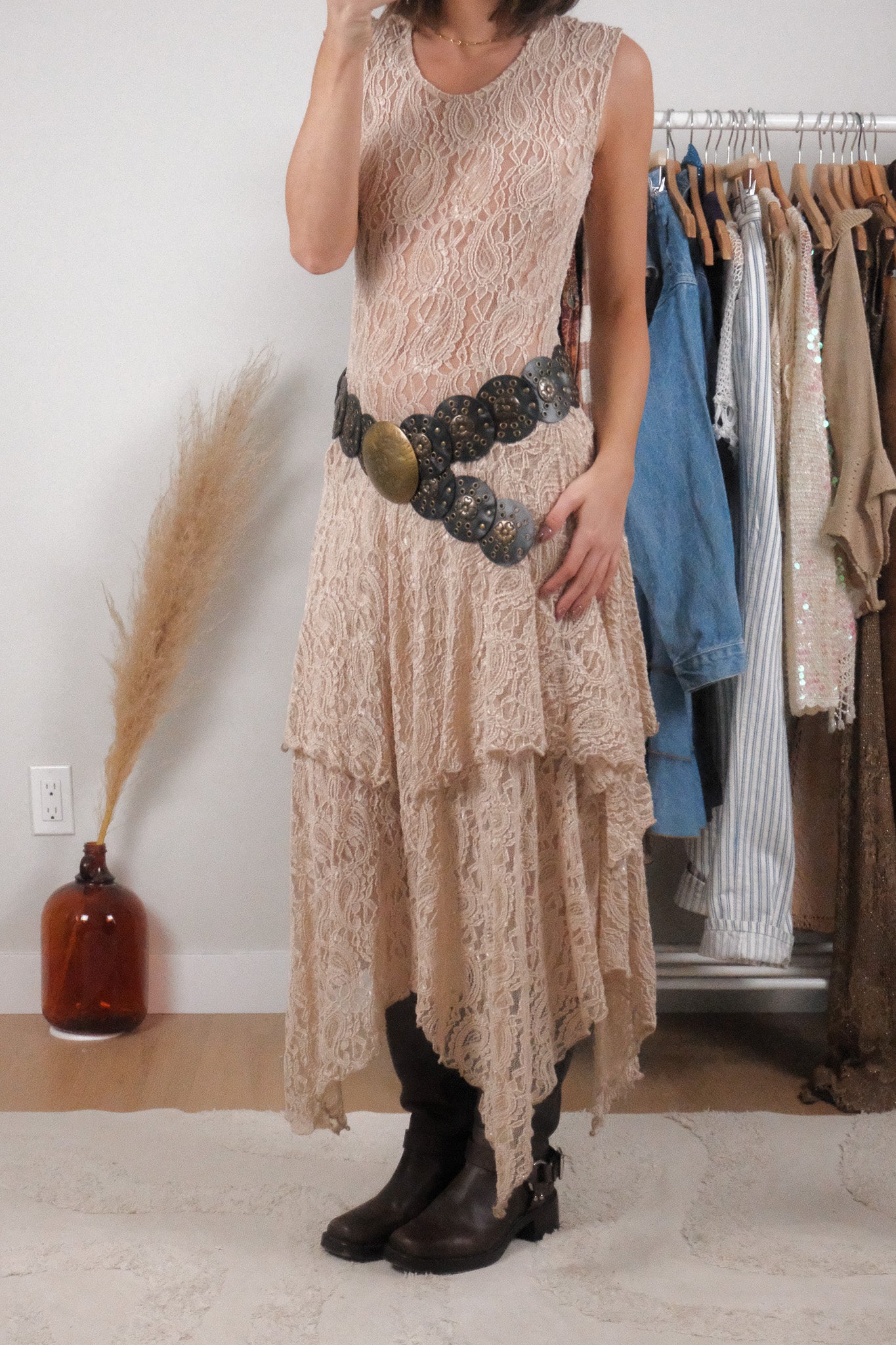 Made in USA x Vintage x Lace Ruffle Maxi Dress (S)