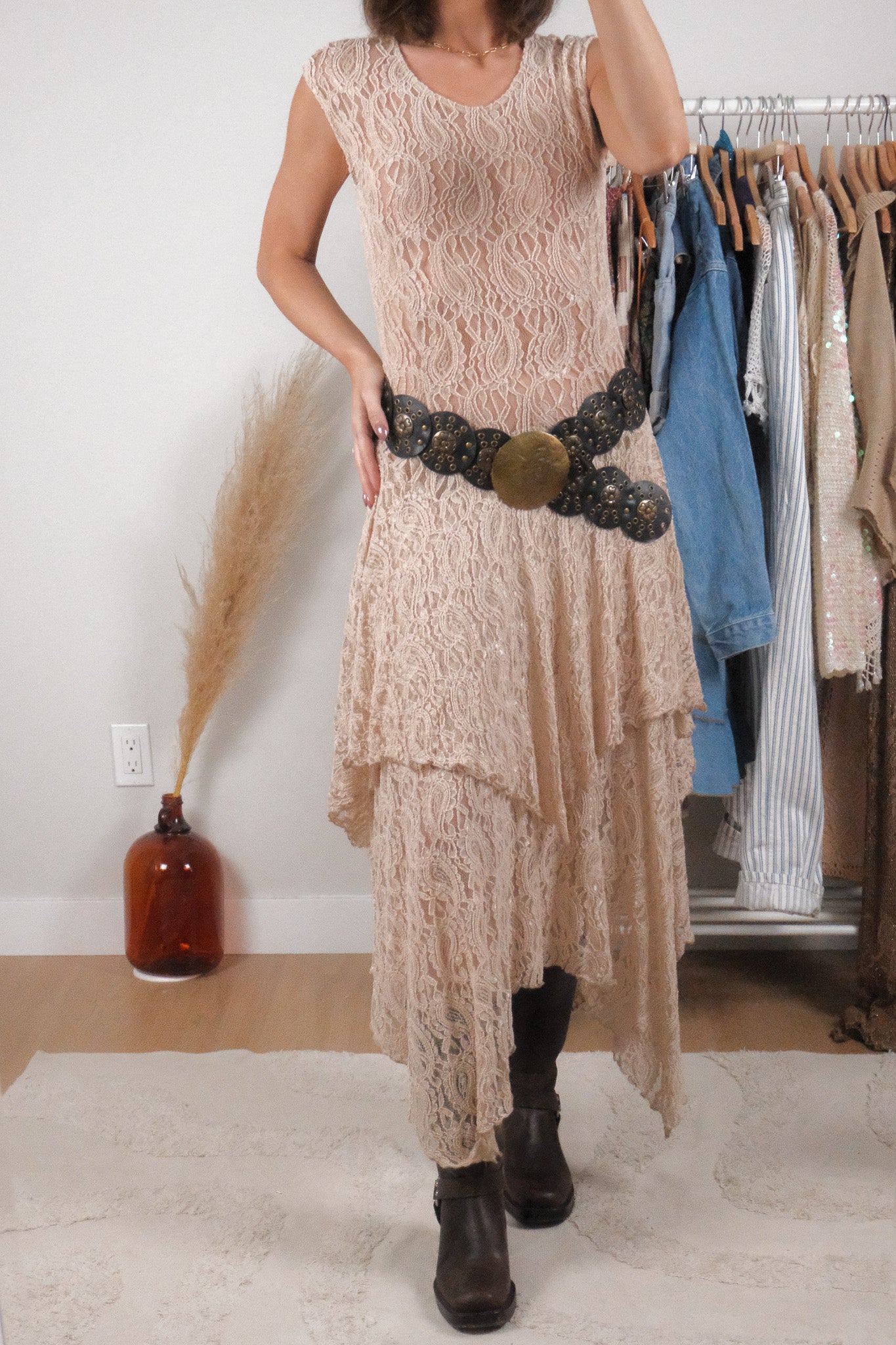 Made in USA x Vintage x Lace Ruffle Maxi Dress (S)