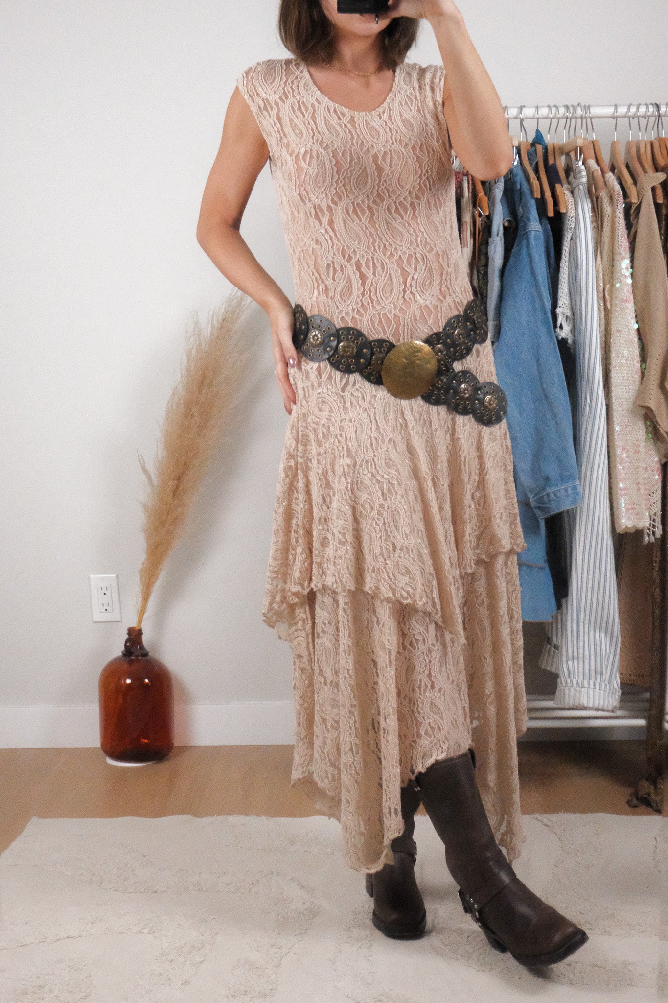 Made in USA x Vintage x Lace Ruffle Maxi Dress (S)