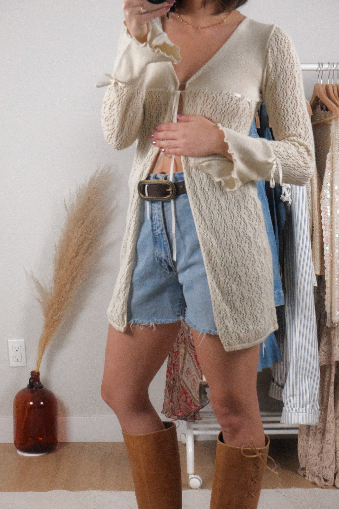 Made in USA x Vintage x Long Tie Knit Cardigan (S/M)