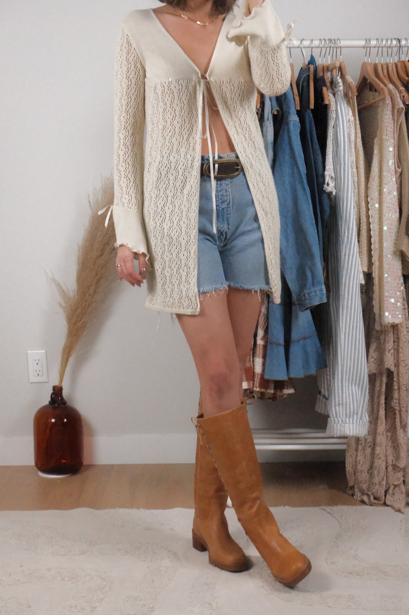 Made in USA x Vintage x Long Tie Knit Cardigan (S/M)