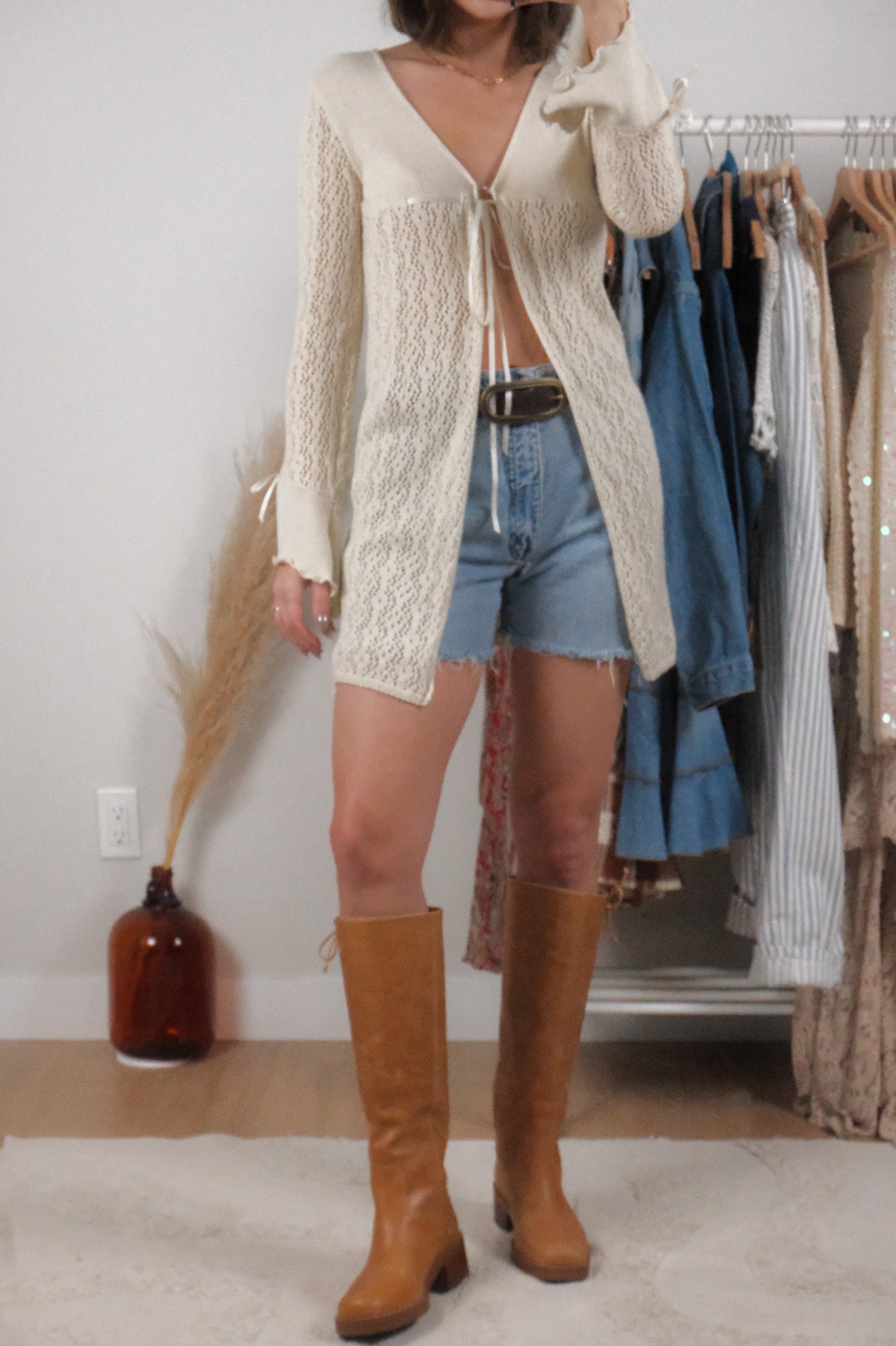 Made in USA x Vintage x Long Tie Knit Cardigan (S/M)