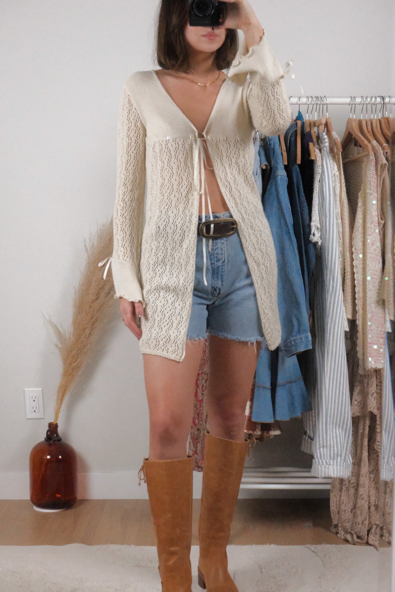 Made in USA x Vintage x Long Tie Knit Cardigan (S/M)