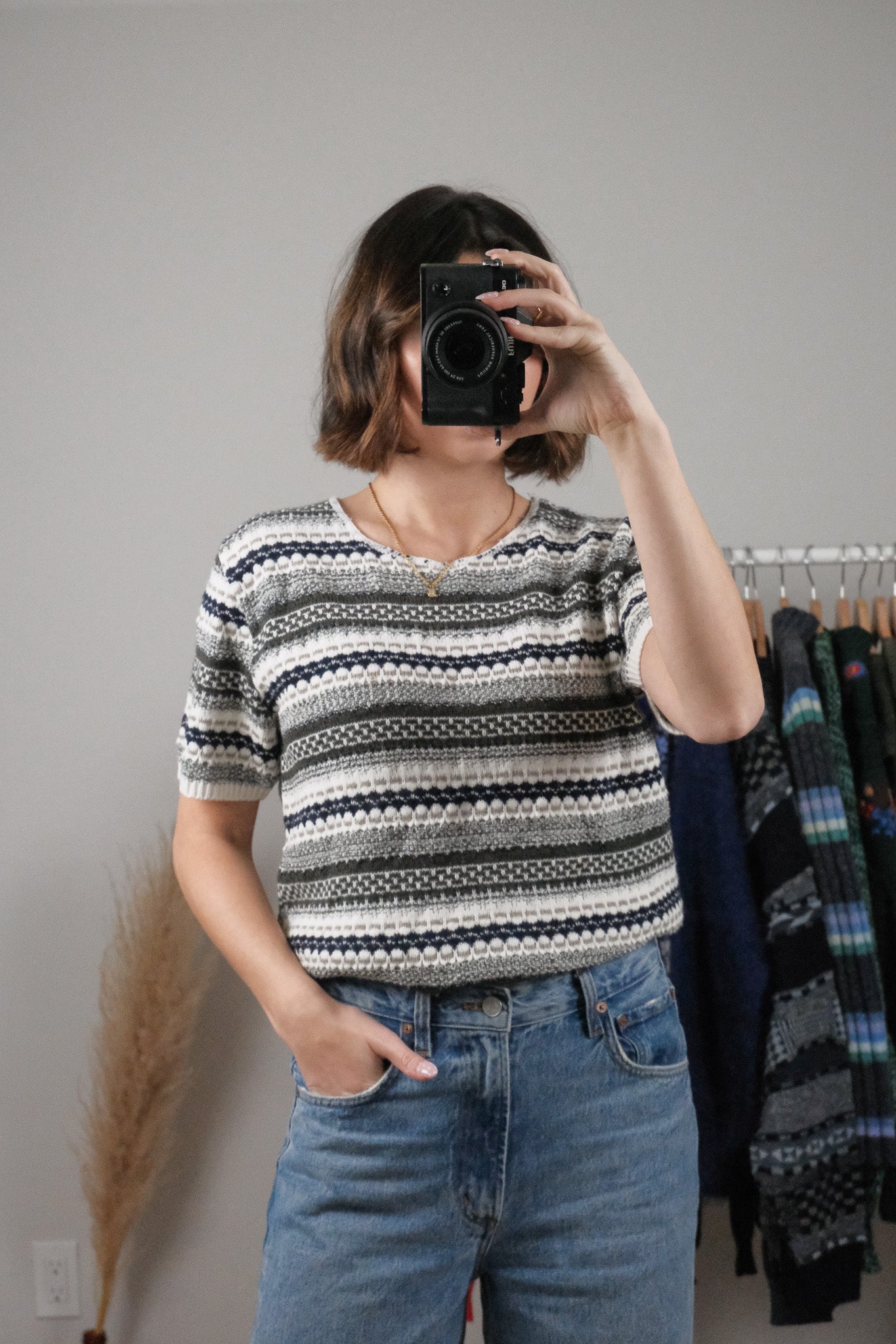 Vintage x Textured/Patterned Short Sleeve Knit (L)