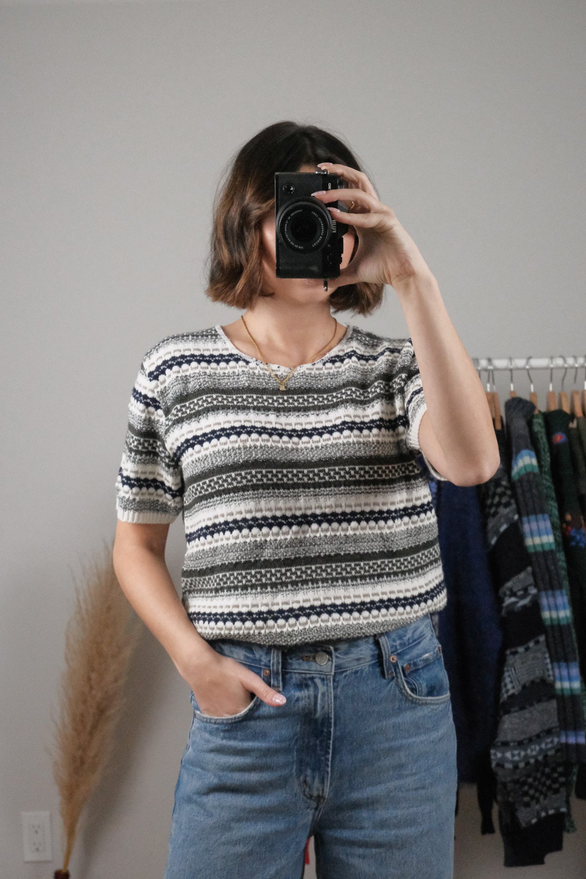 Vintage x Textured/Patterned Short Sleeve Knit (L)