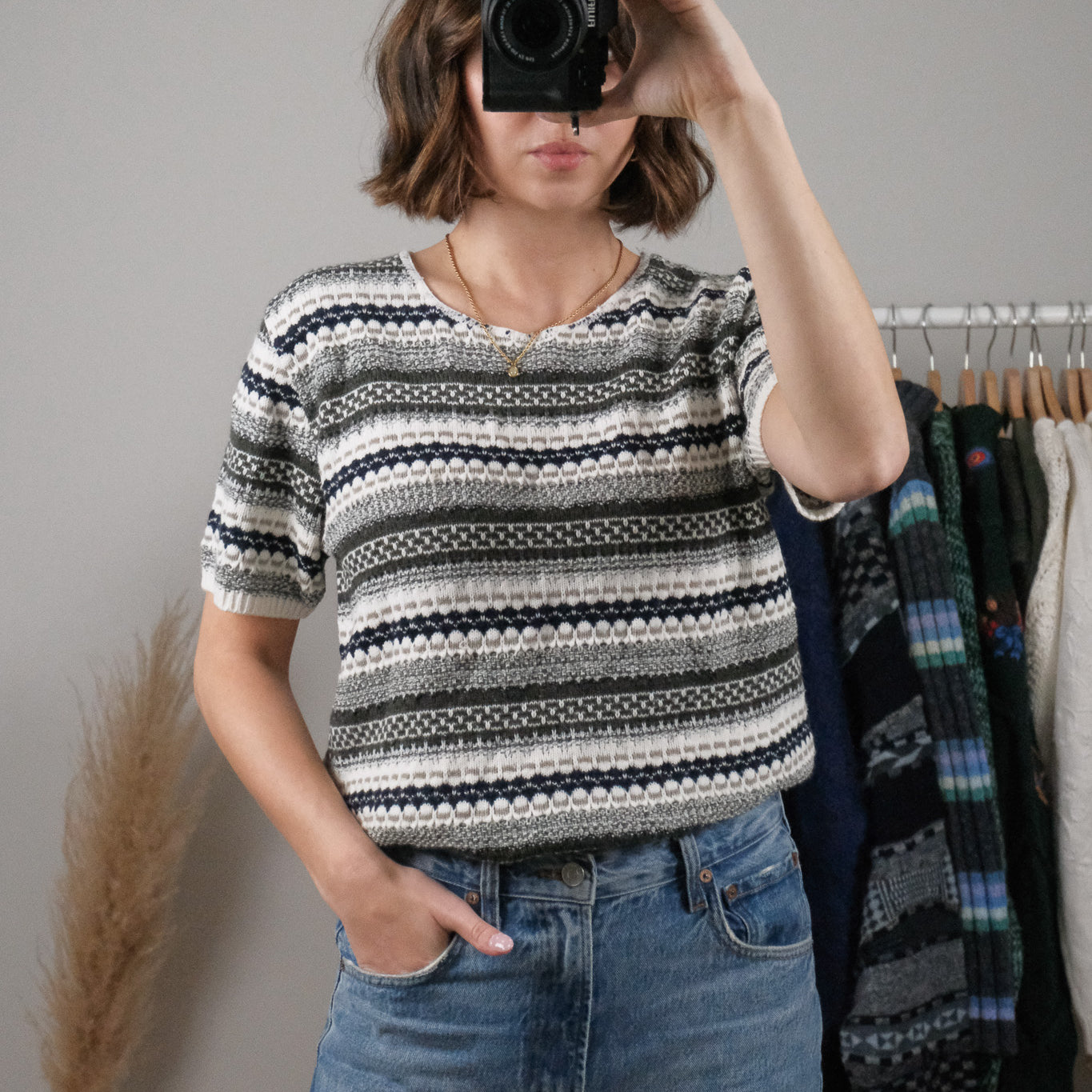 Vintage x Textured/Patterned Short Sleeve Knit (L)