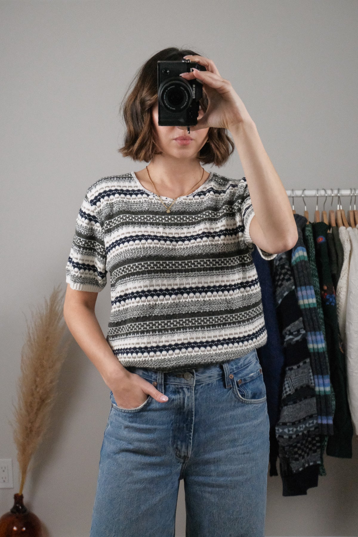 Vintage x Textured/Patterned Short Sleeve Knit (L)