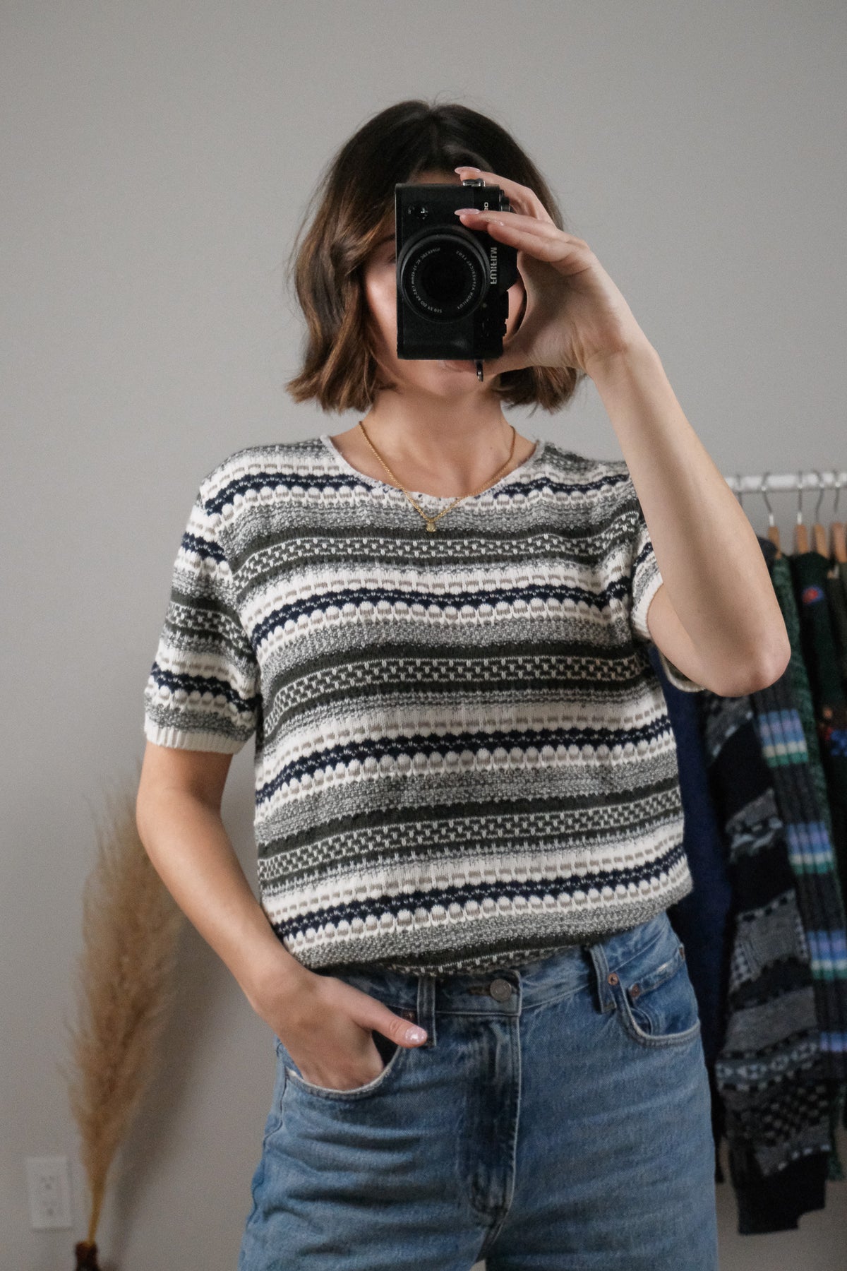 Vintage x Textured/Patterned Short Sleeve Knit (L)