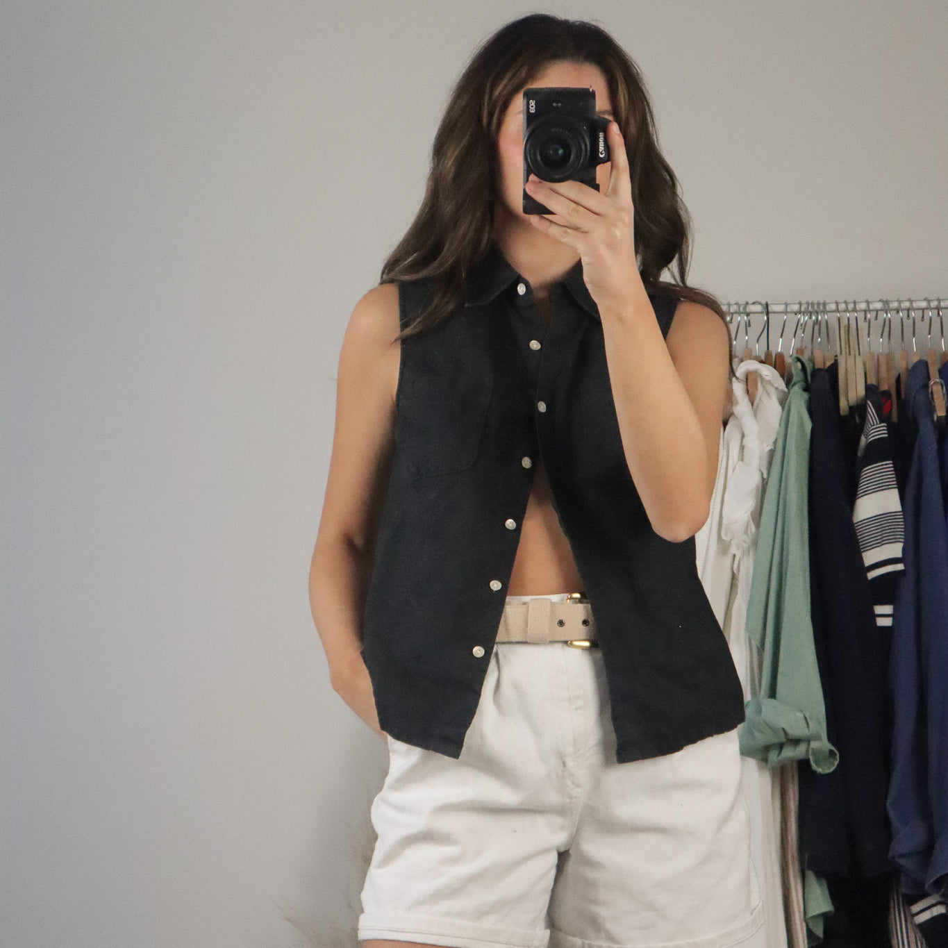 Vintage x Linen Button-Up Tank (S/M)