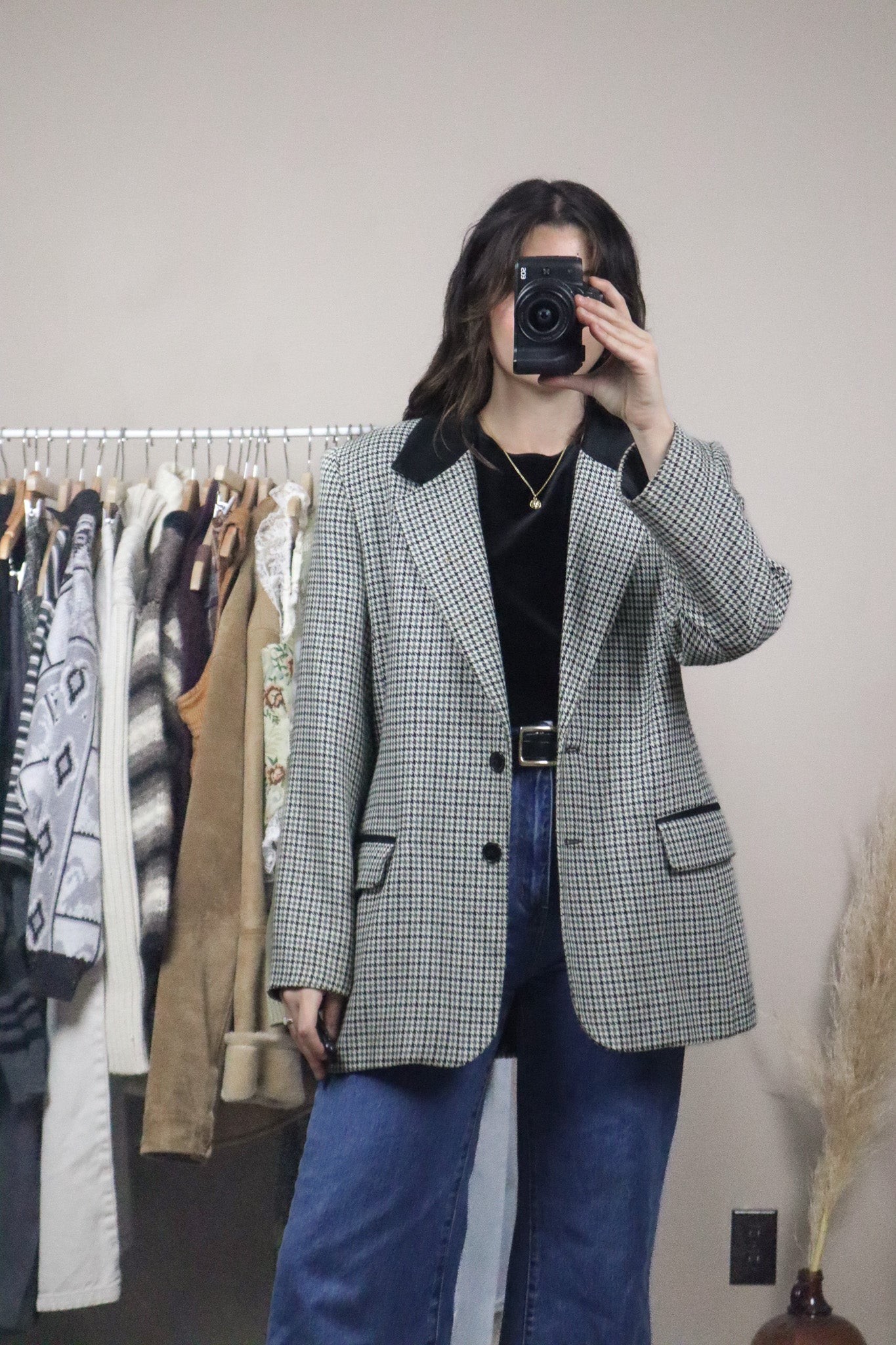 Made in Canada x Vintage x Houndstooth Suede Collar Blazer (M)