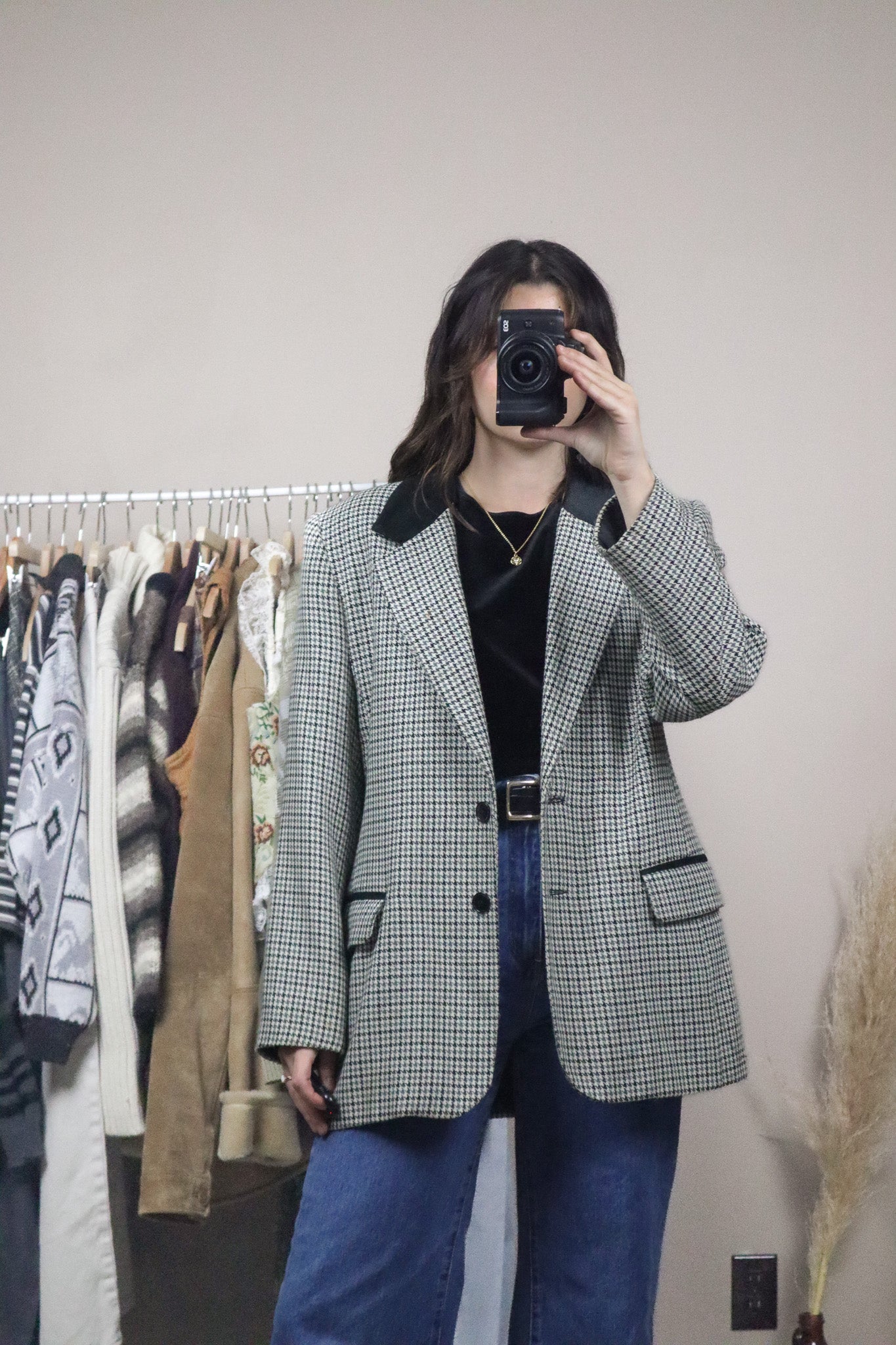 Made in Canada x Vintage x Houndstooth Suede Collar Blazer (M)