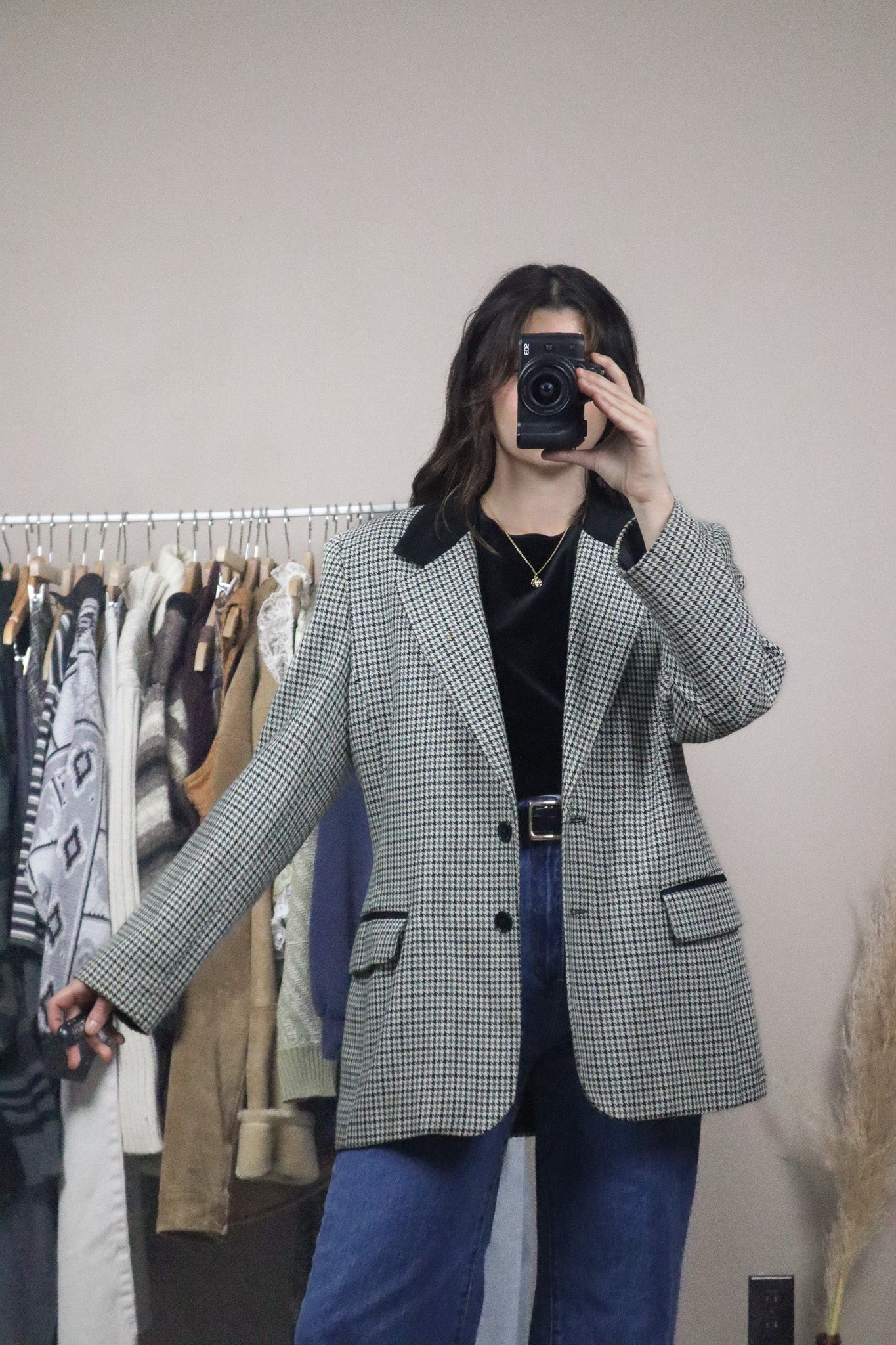 Made in Canada x Vintage x Houndstooth Suede Collar Blazer (M)