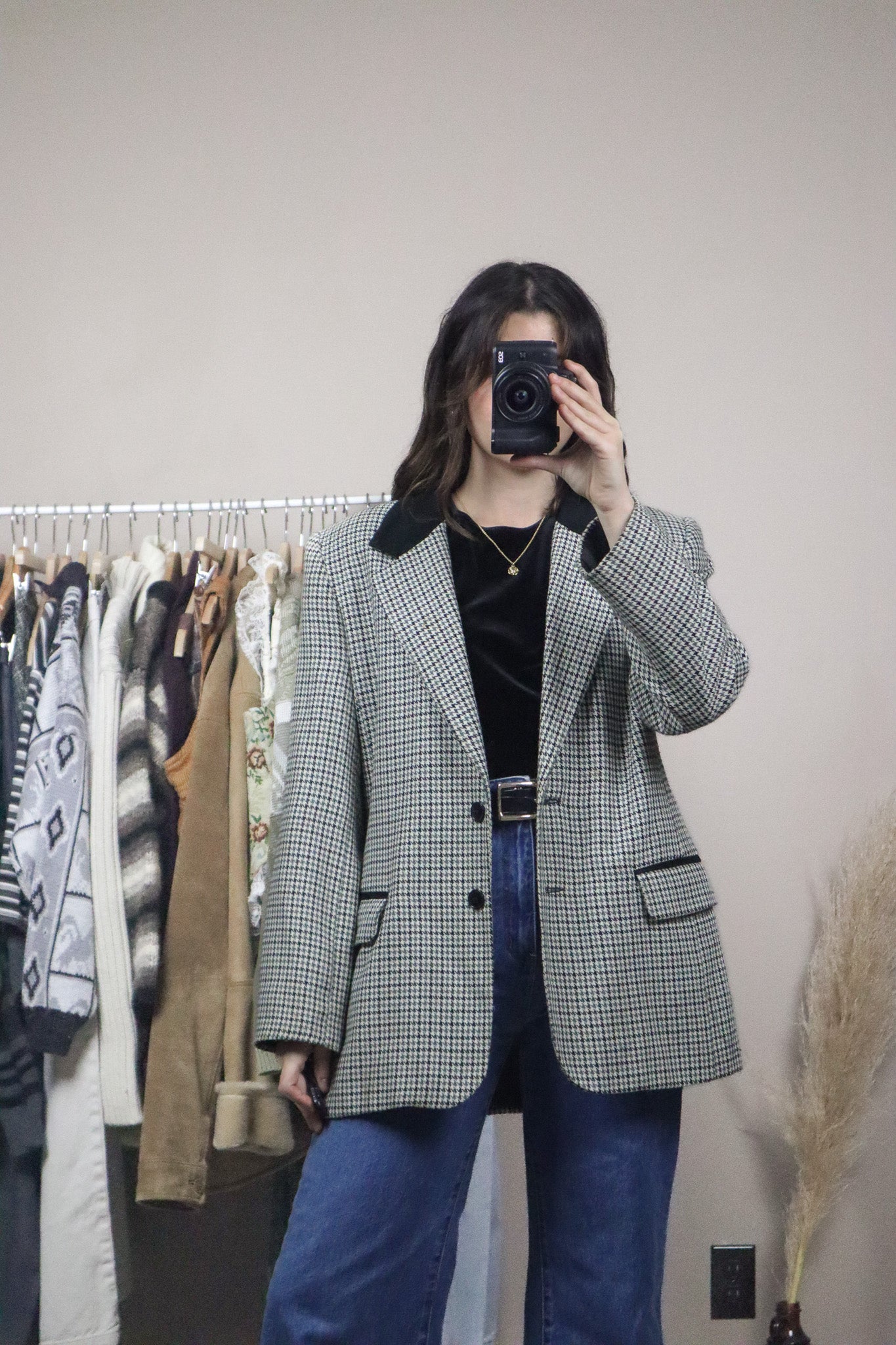 Made in Canada x Vintage x Houndstooth Suede Collar Blazer (M)