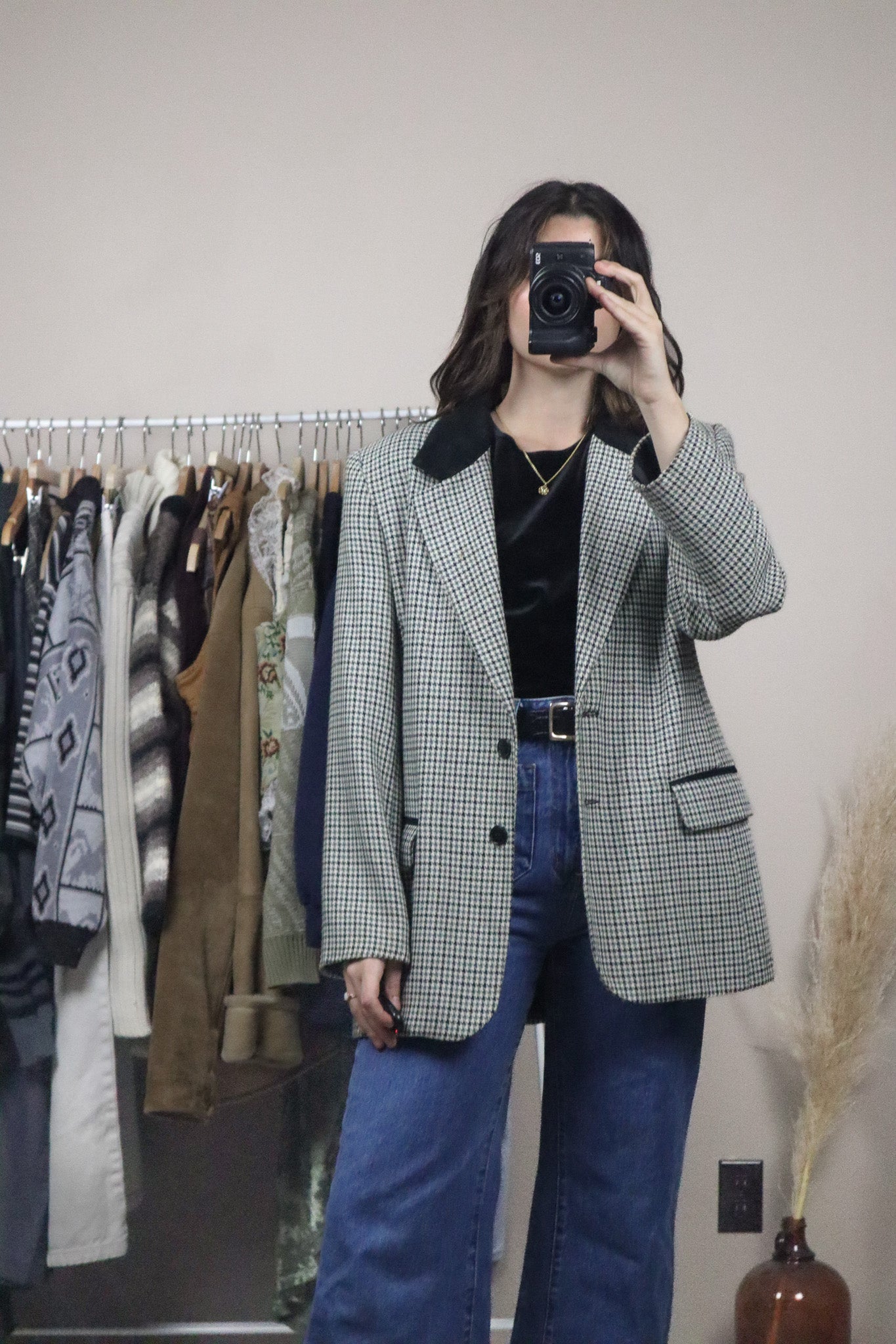 Made in Canada x Vintage x Houndstooth Suede Collar Blazer (M)