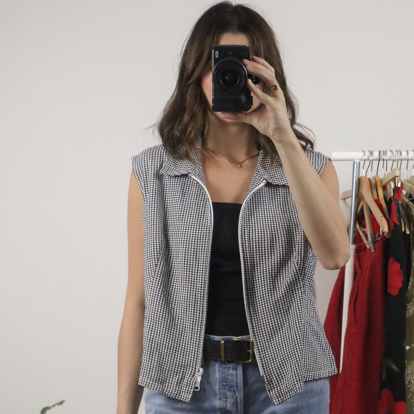 Vintage x Gingham x Zip Up Top (L)