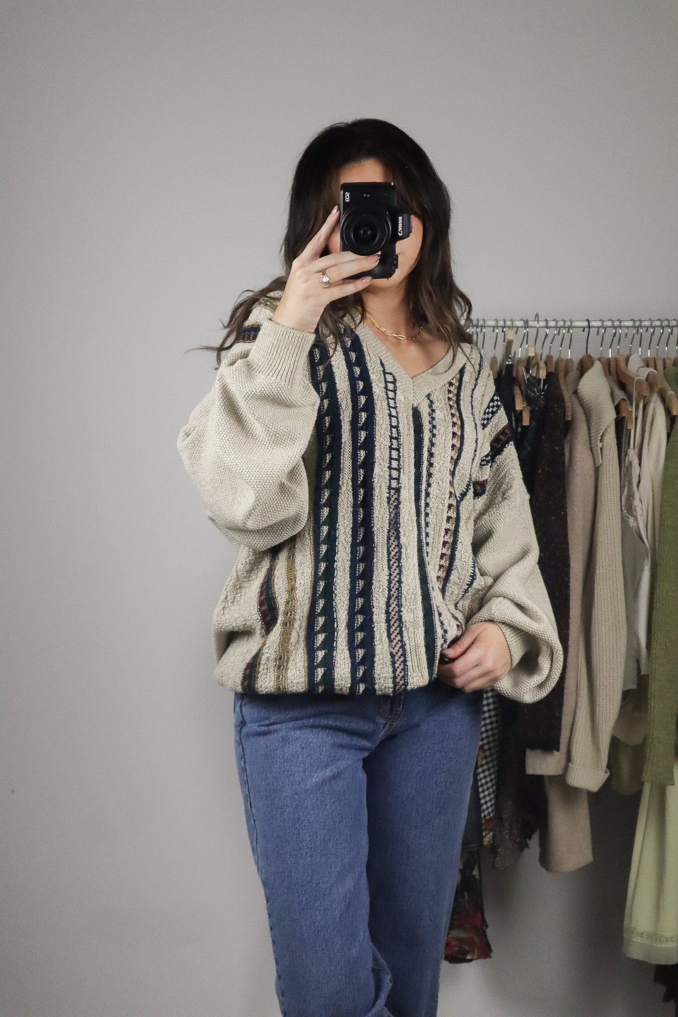Vintage x Patterned V-Neck Sweater (L/XL)